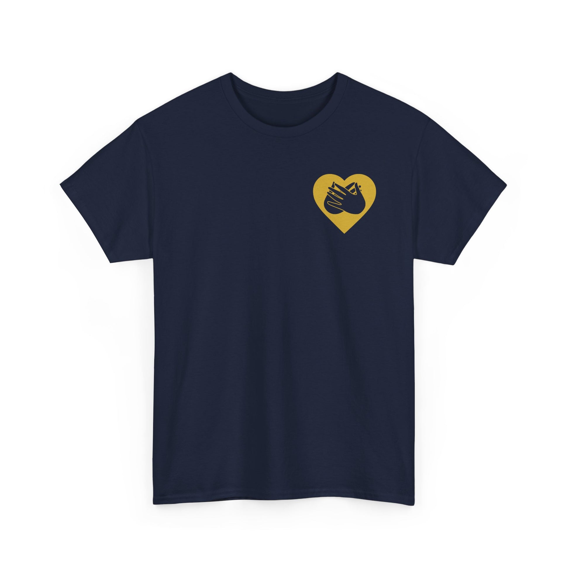 Front view of a navy T-Shirt showing a gold coloured heart and the iconic BSL Love sign embedded in it on the left side of the chest