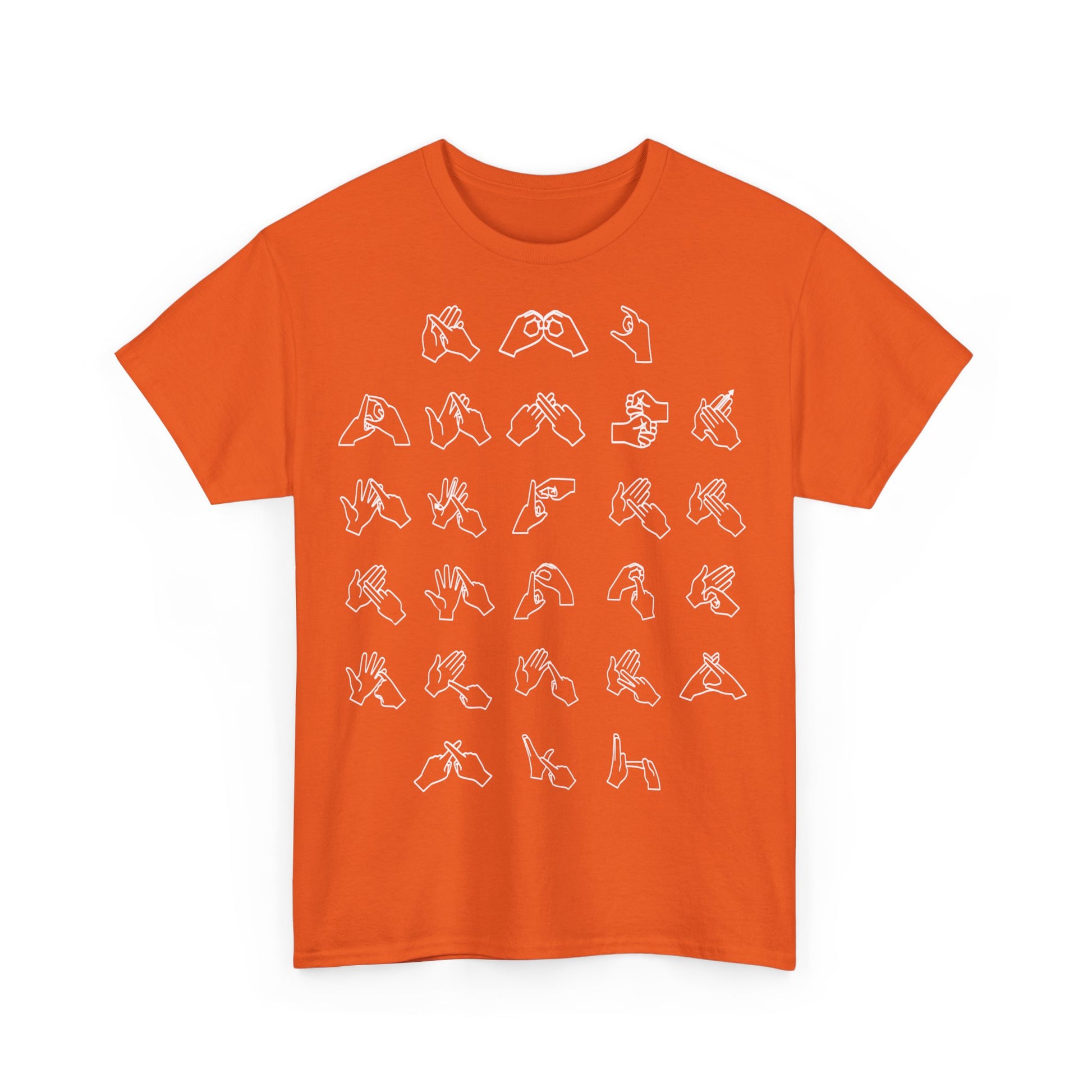 Front view of a Orange t-shirt with BSL Alphabet - White Fingerspelling