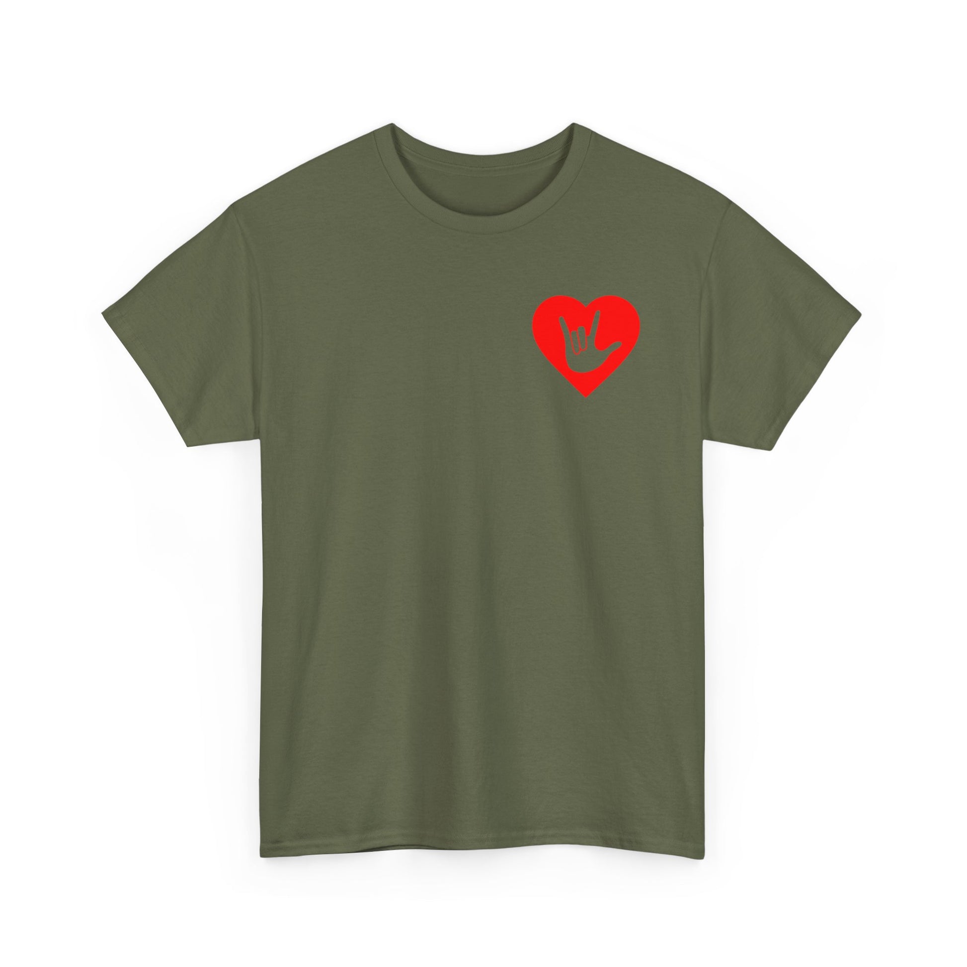 Front view of a military green T-Shirt showing a red coloured heart and the iconic ASL I Love You sign embedded in it on the left side of the chest