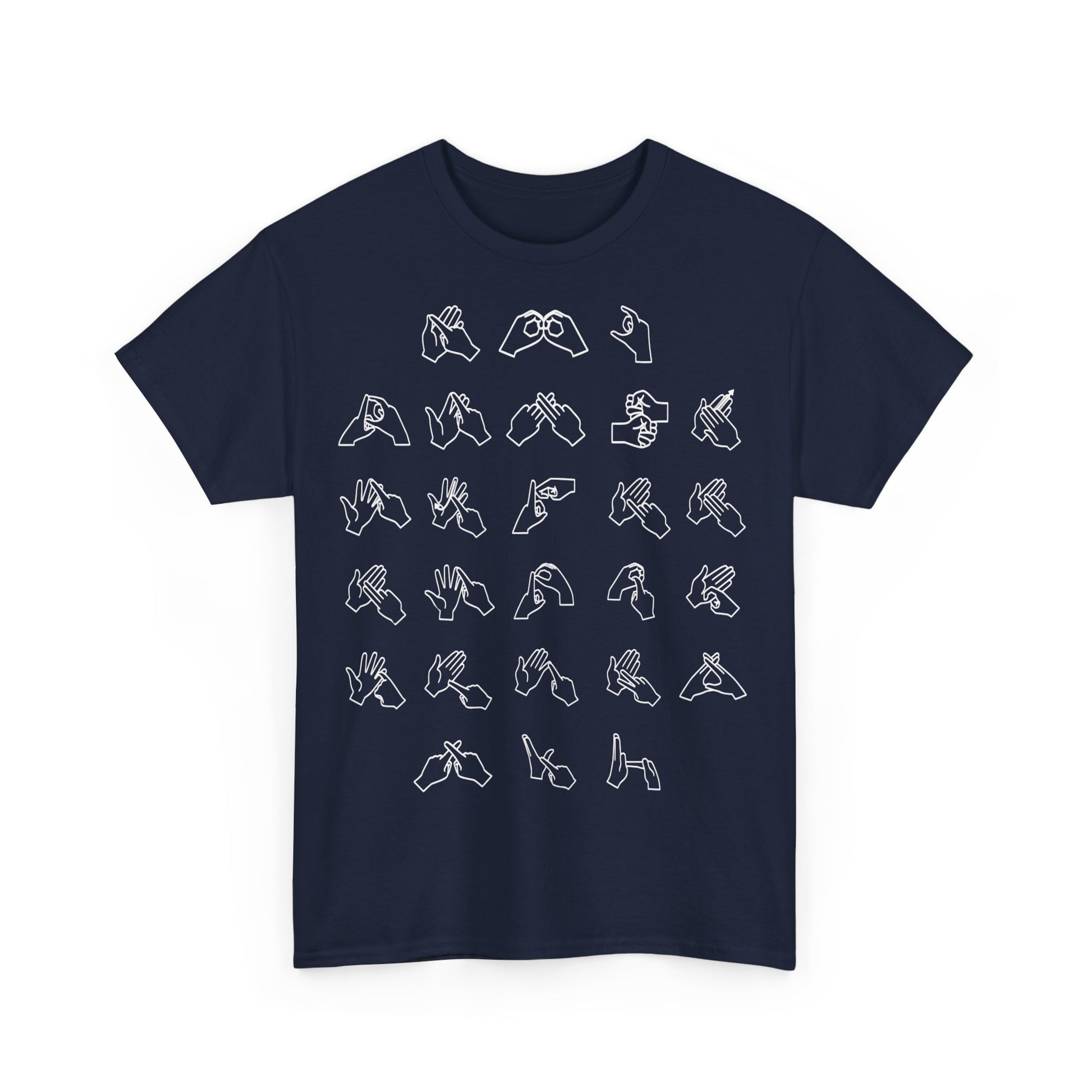 Front view of a Navy t-shirt with BSL Alphabet - White Fingerspelling