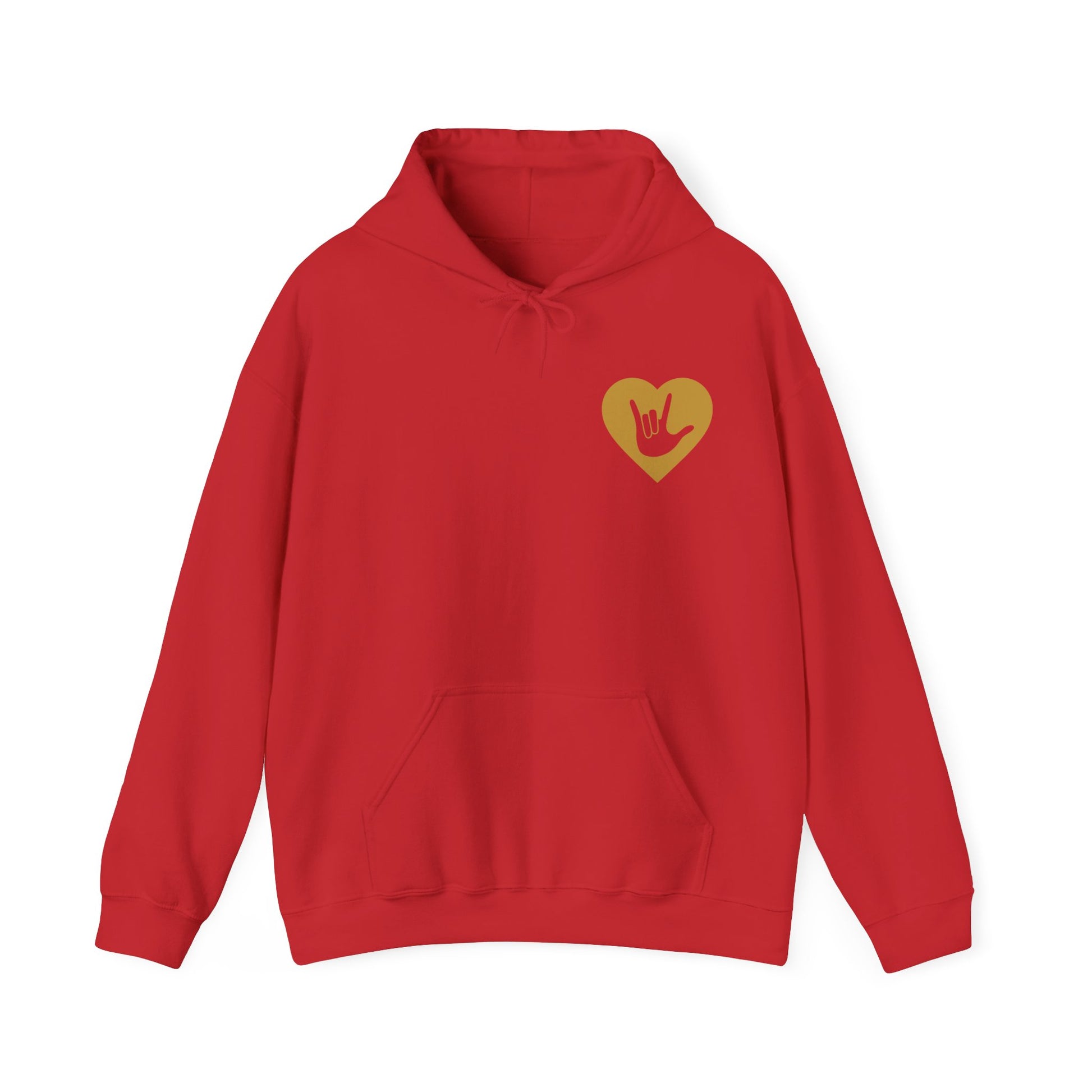 Front view of a red hoodie showing a gold coloured heart and the iconic ASL I Love You sign embedded in it on the left side of the chest