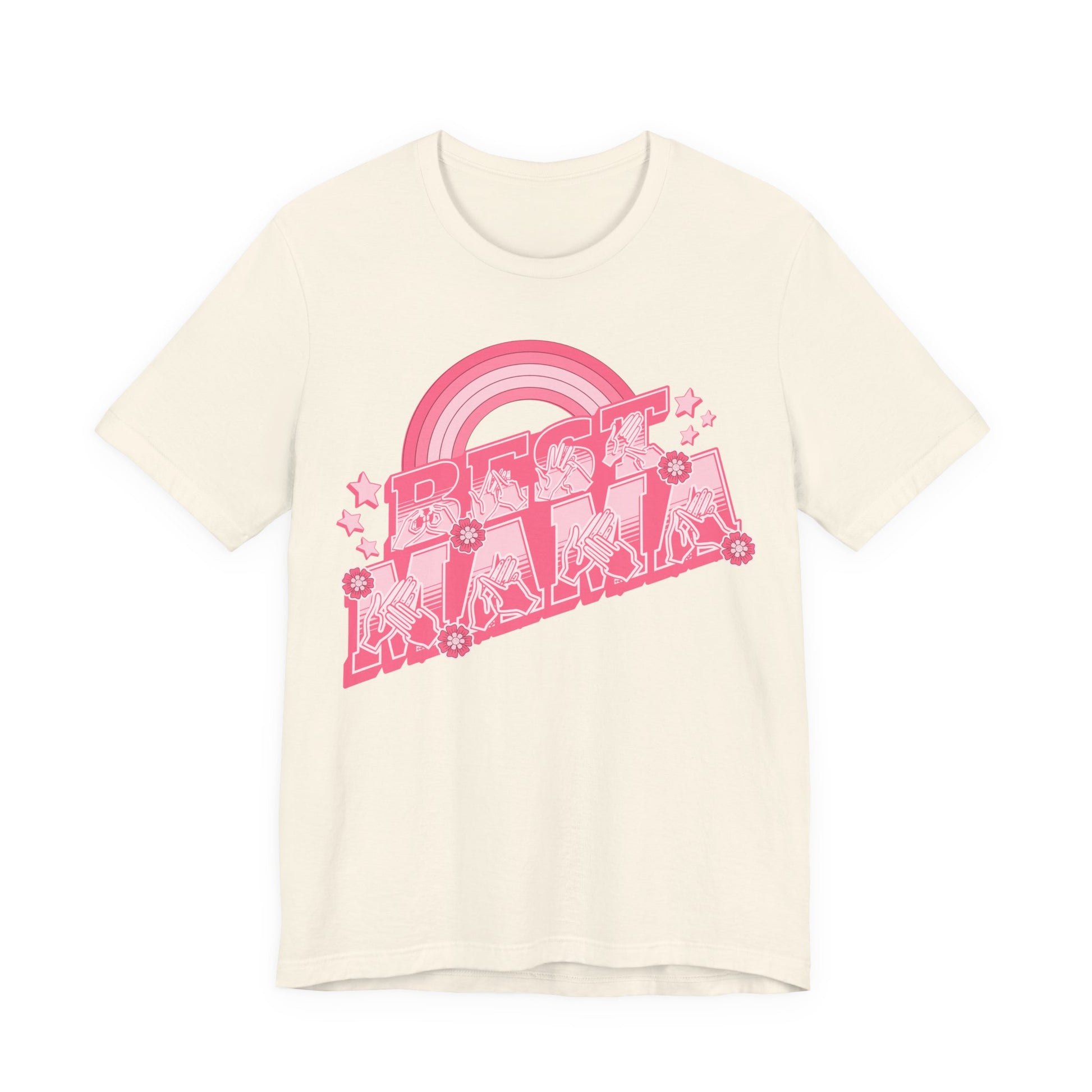 Natural T-shirt with ‘Best Mama’ shown in BSL fingerspelling and text, with rainbow, stars, and floral accents