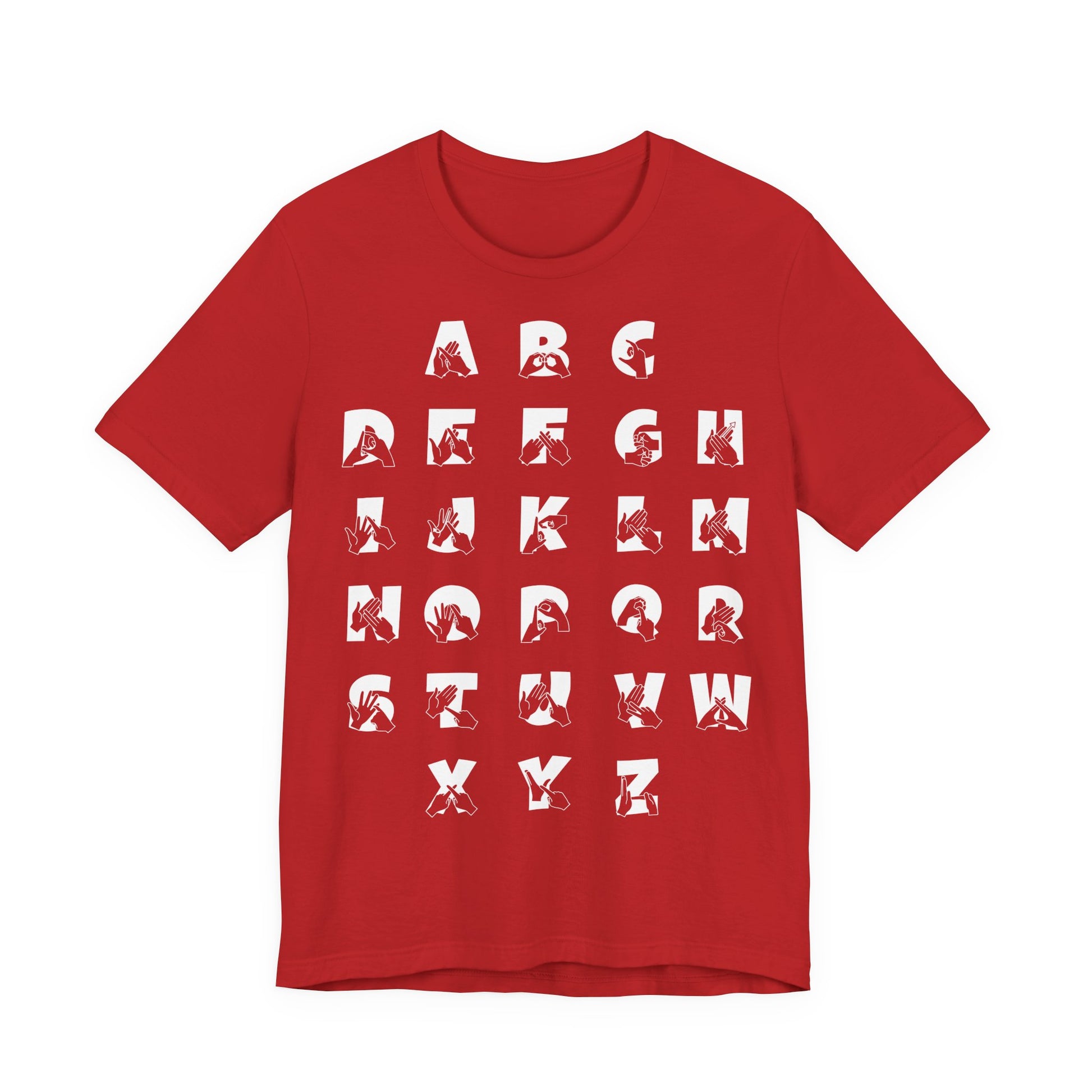 Front view of a red t-shirt with BSL Alphabet - White Fingerspelling & Text