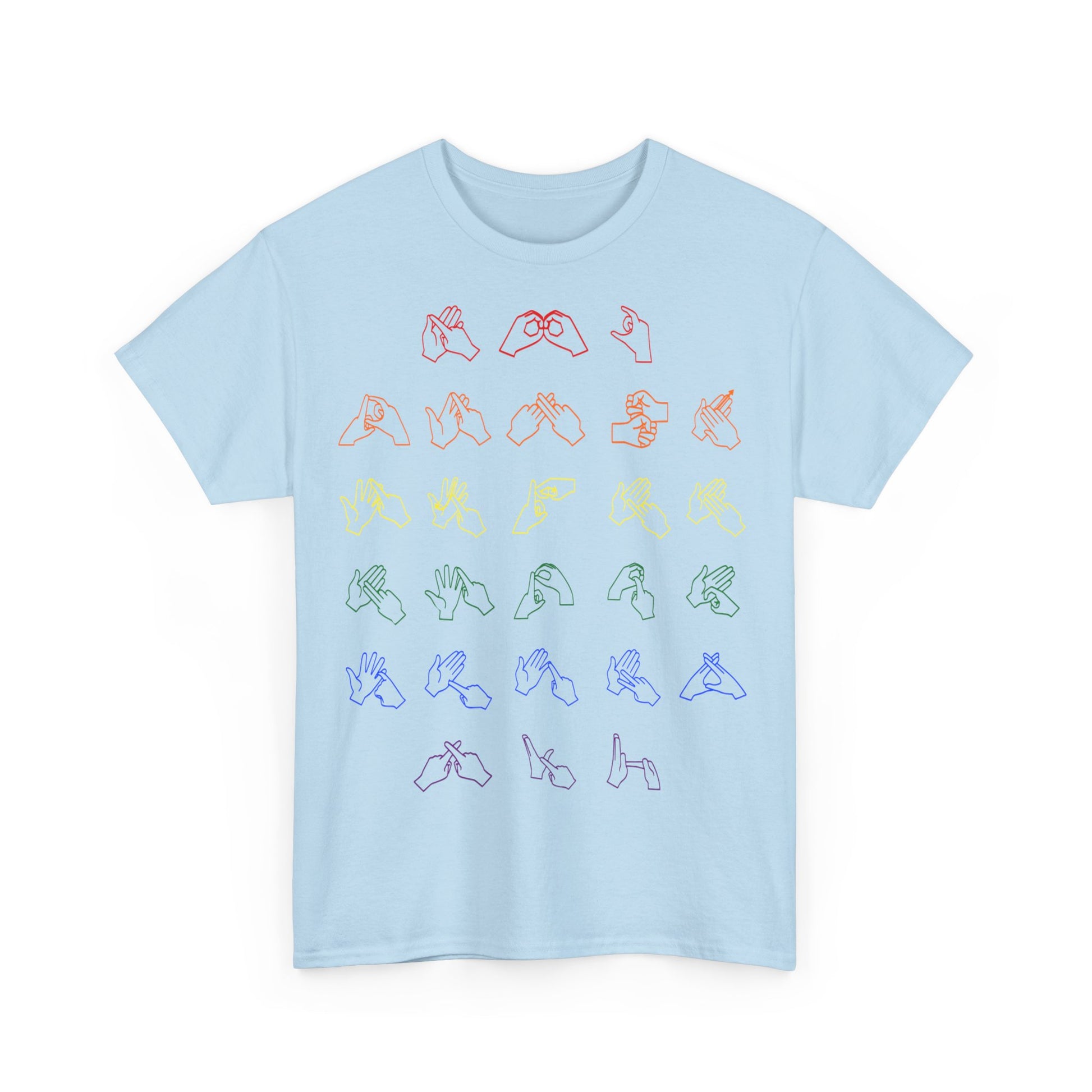 Front view of a light blue t-shirt with BSL Alphabet - Pride Fingerspelling