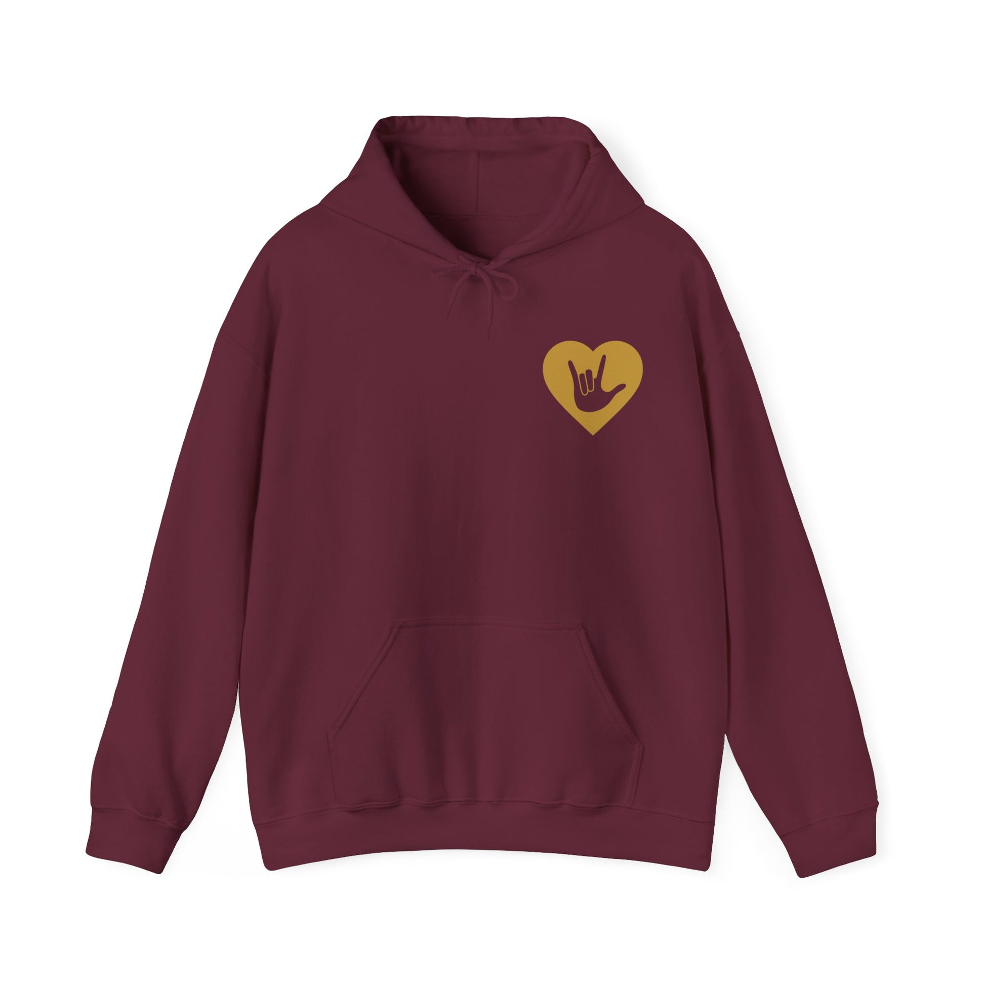 Front view of a maroon hoodie showing a gold coloured heart and the iconic ASL I Love You sign embedded in it on the left side of the chest
