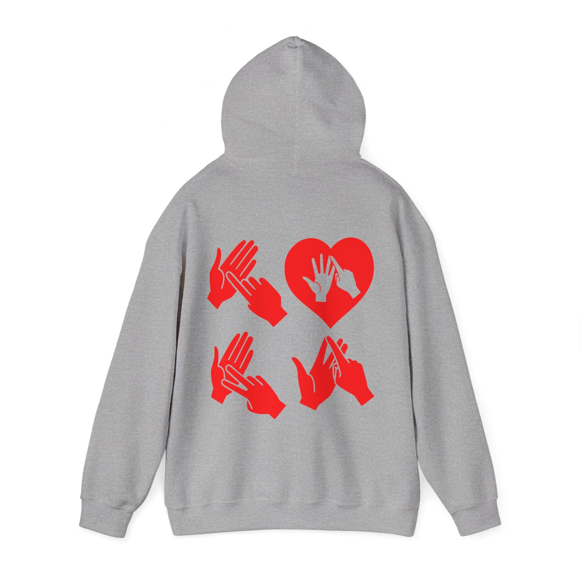 Back view of a sport grey hoodie with the word Love in red BSL Fingerspelling with the 'O' embedded in a heart shape