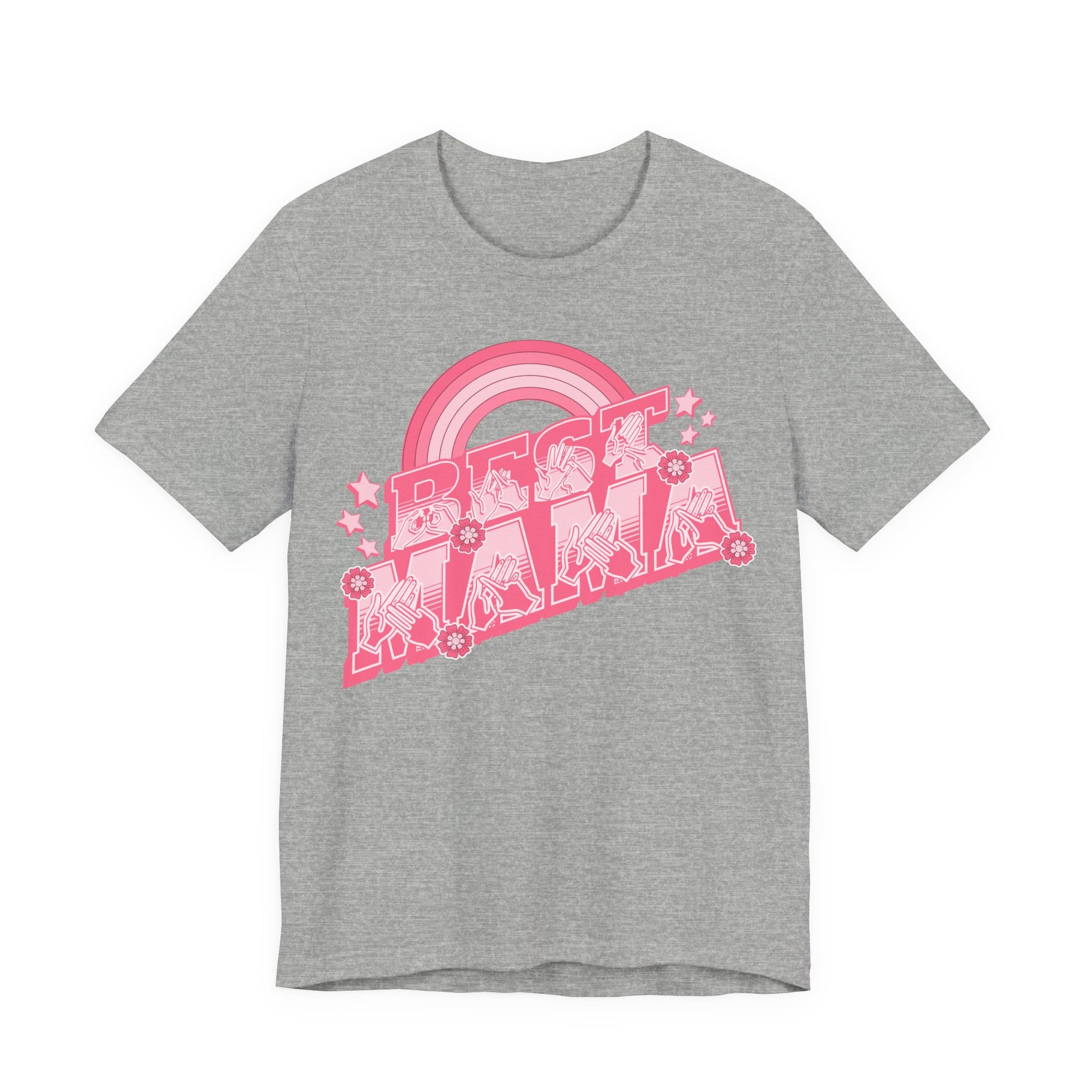 Athletic heather T-shirt with ‘Best Mama’ shown in BSL fingerspelling and text, with rainbow, stars, and floral accents