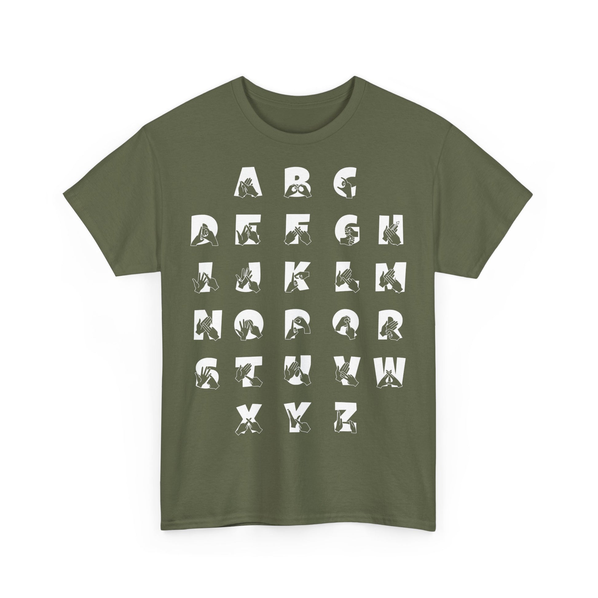 Front view of a Military Green t-shirt with BSL Alphabet - White Fingerspelling & Text