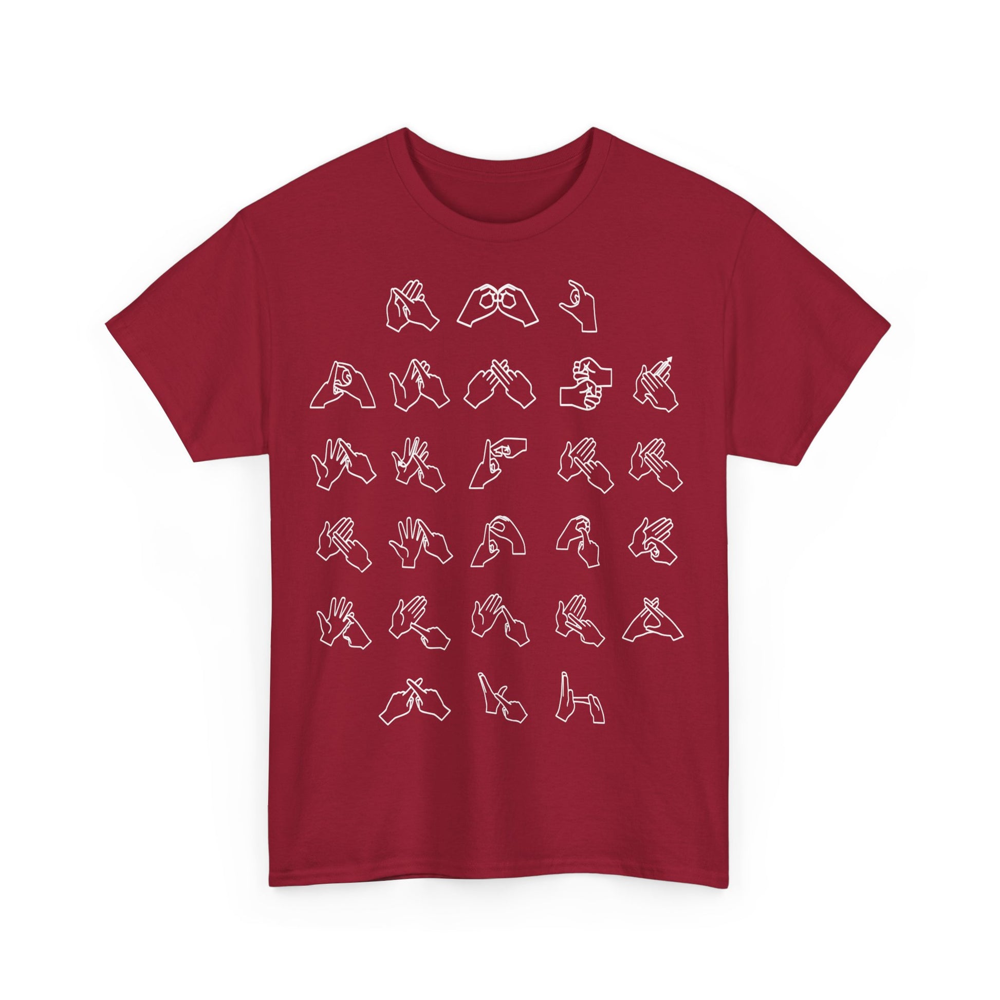 Front view of a Cardinal Red t-shirt with BSL Alphabet - White Fingerspelling