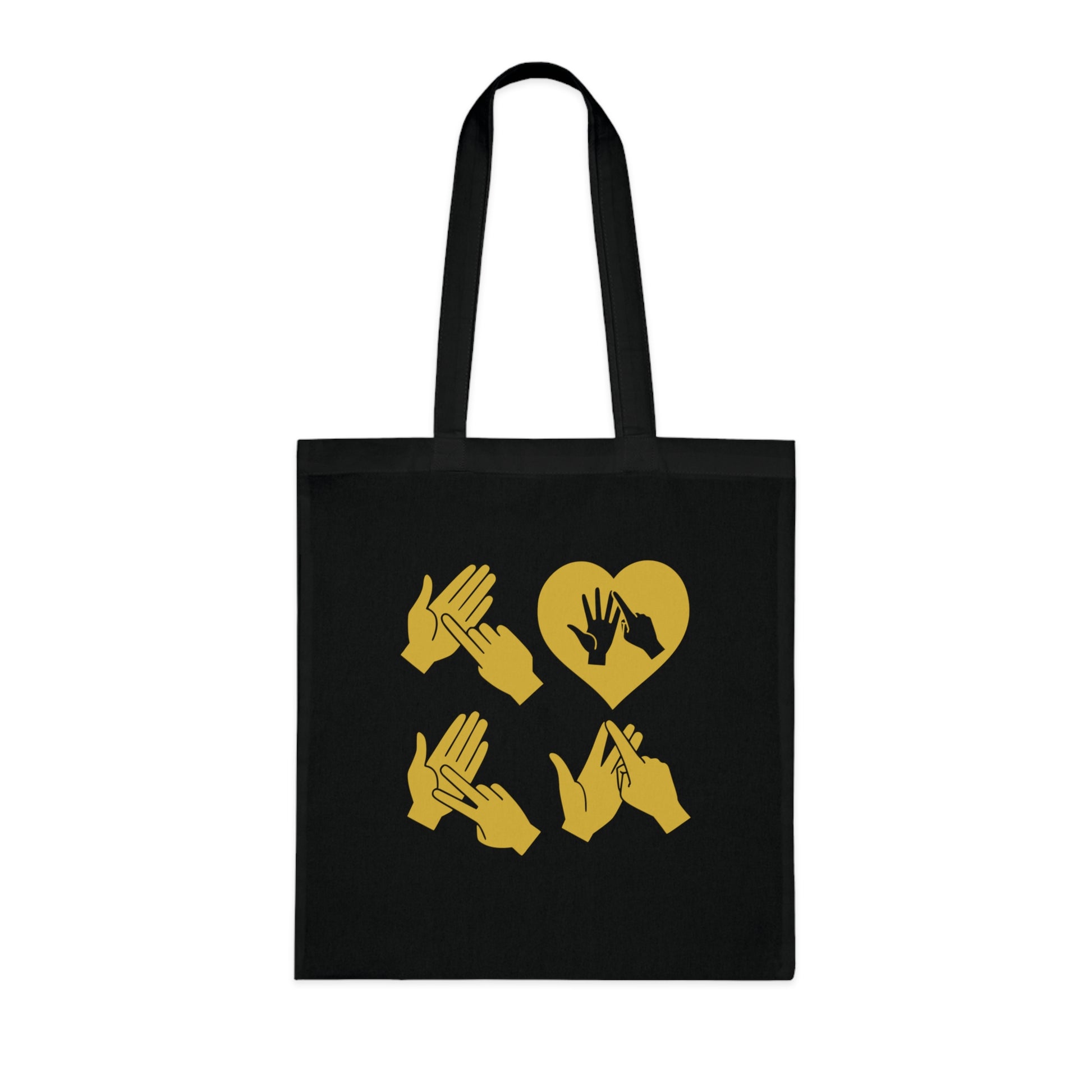 Black Tote Bag with the word Love in gold BSL Fingerspelling with the 'O' embedded in a heart shape
