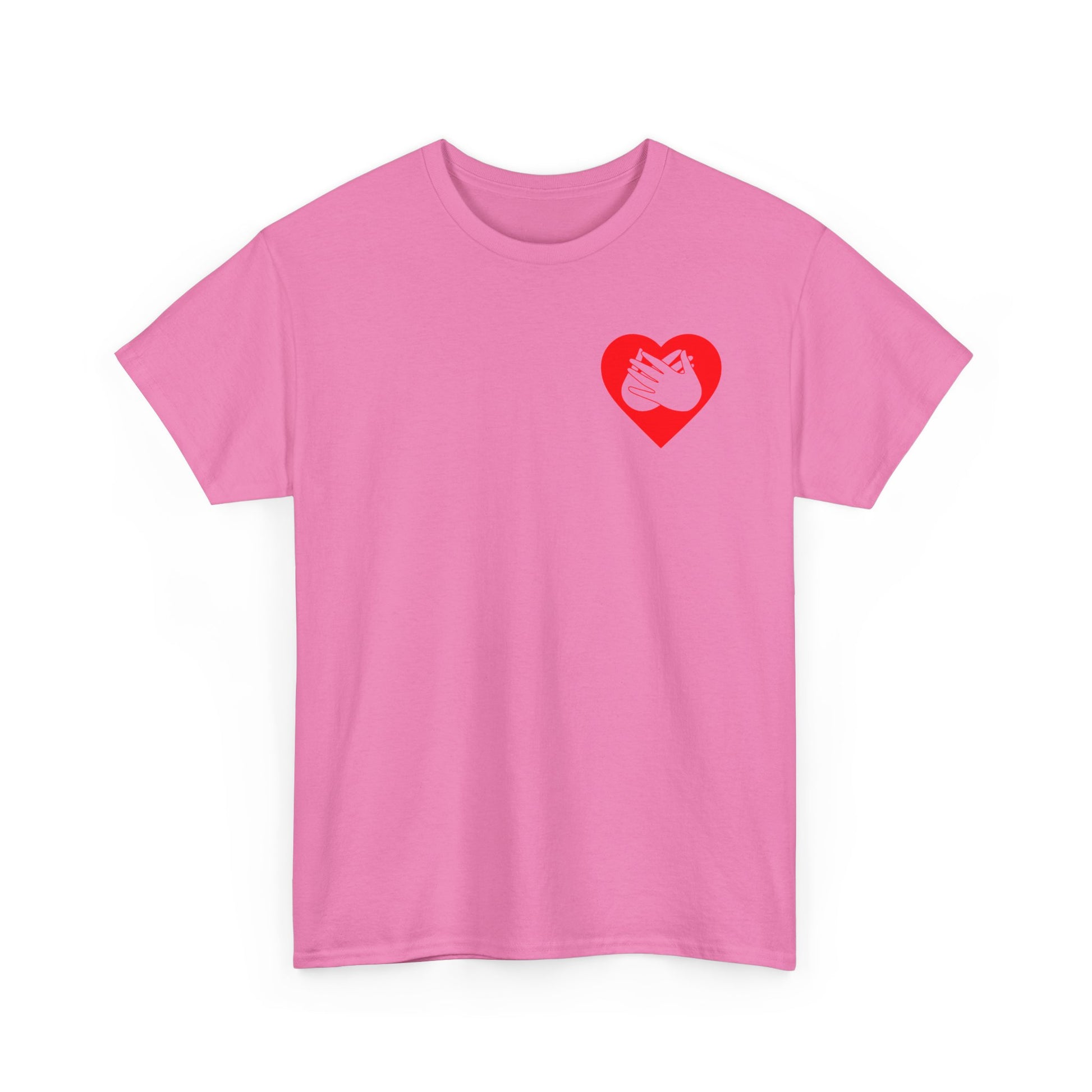 Front view of a azalea T-Shirt showing a red coloured heart and the iconic BSL Love sign embedded in it on the left side of the chest