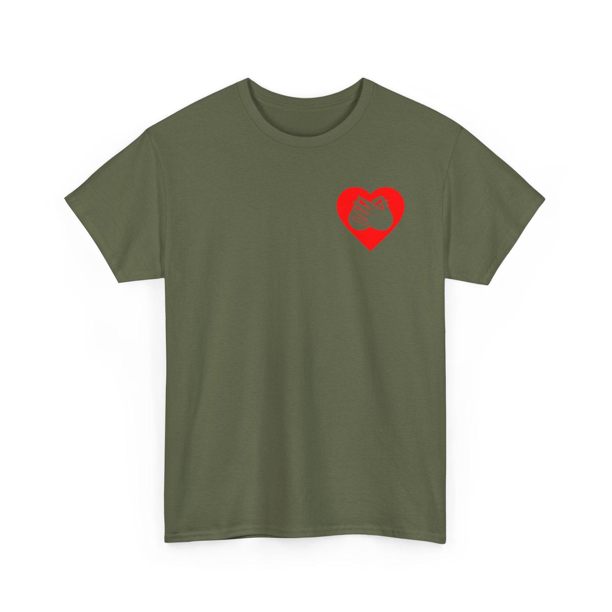 Front view of a military green T-Shirt showing a red coloured heart and the iconic BSL Love sign embedded in it on the left side of the chest