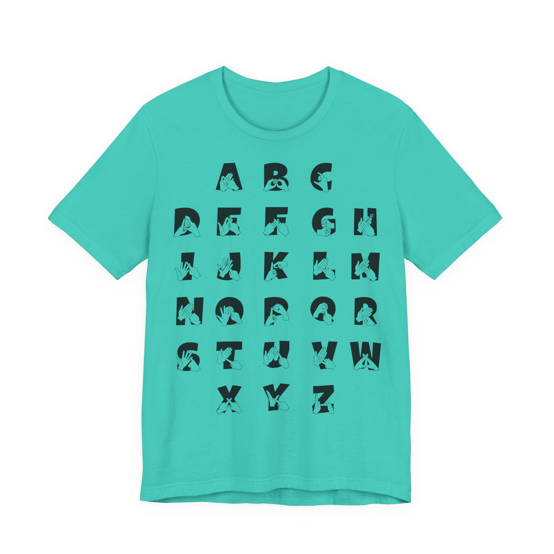 Front view of a teal t-shirt with BSL Alphabet - Black Fingerspelling & Text