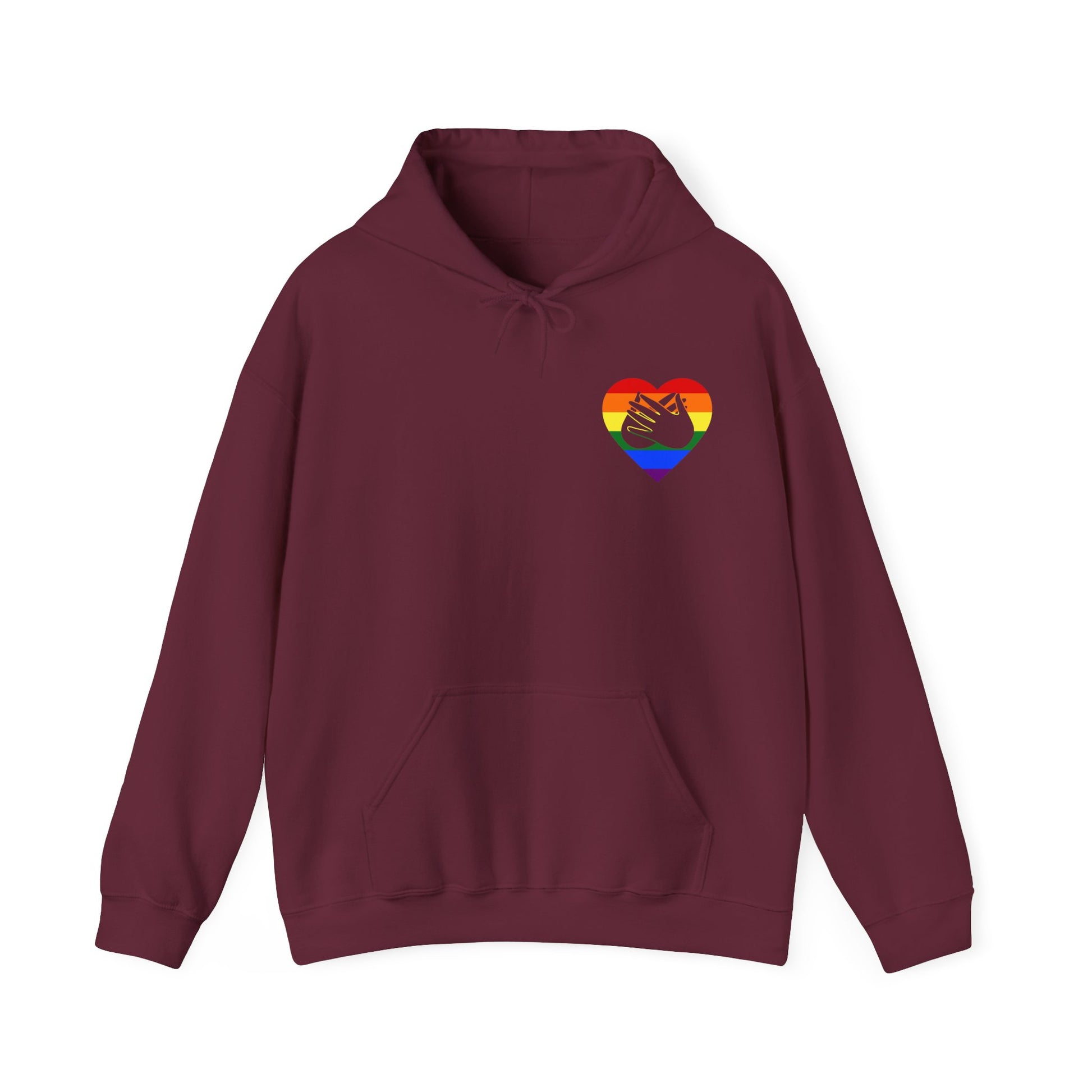 Front view of a maroon hoodie showing a pride coloured heart and the iconic BSL Love sign embedded in it on the left side of the chest