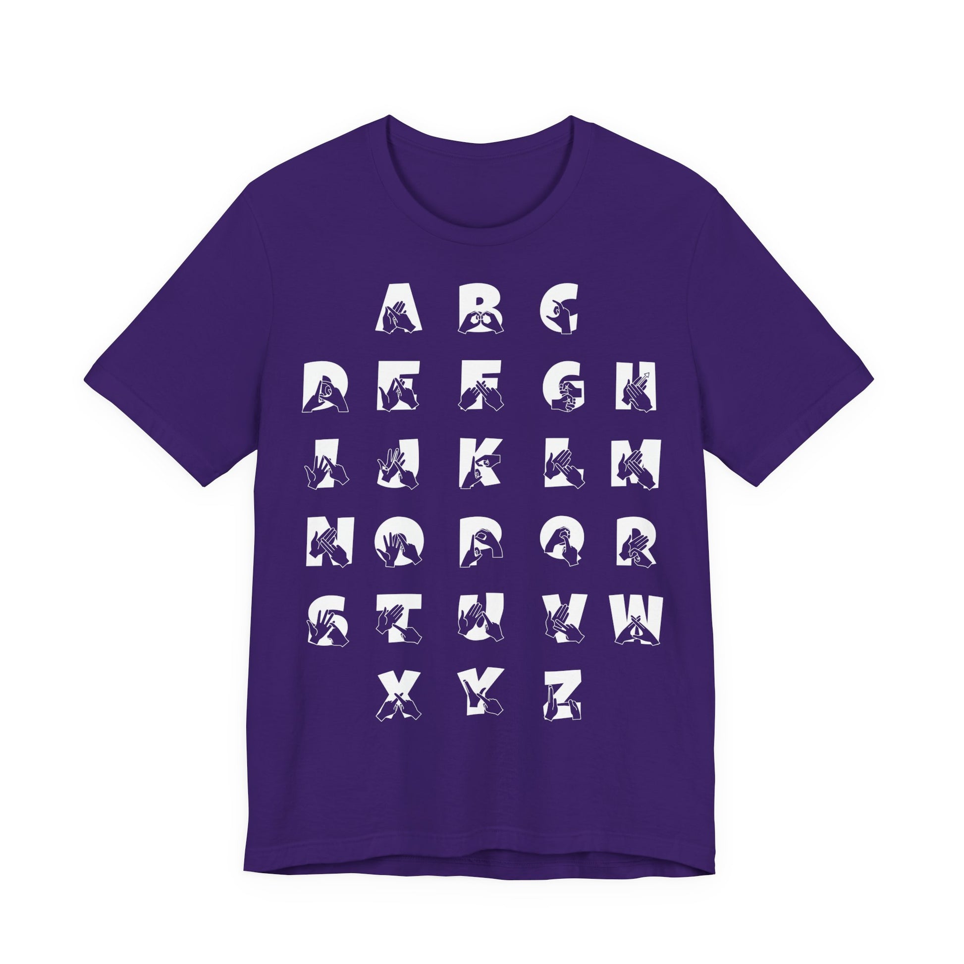 Front view of a team purple t-shirt with BSL Alphabet - White Fingerspelling & Text