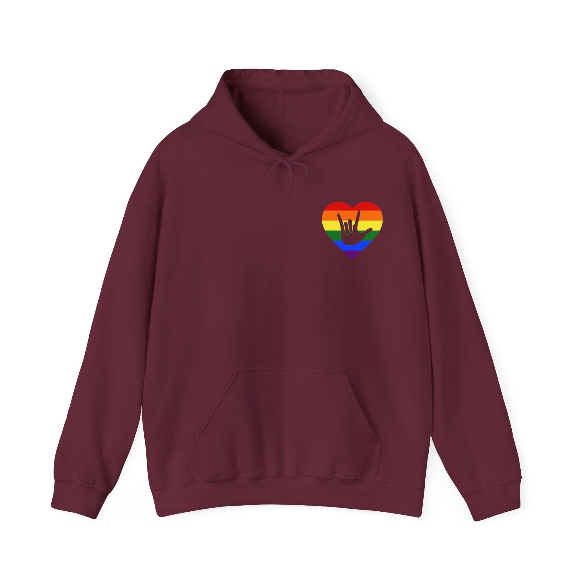 Front view of a maroon hoodie showing a pride coloured heart and the iconic ASL I Love You sign embedded in it on the left side of the chest