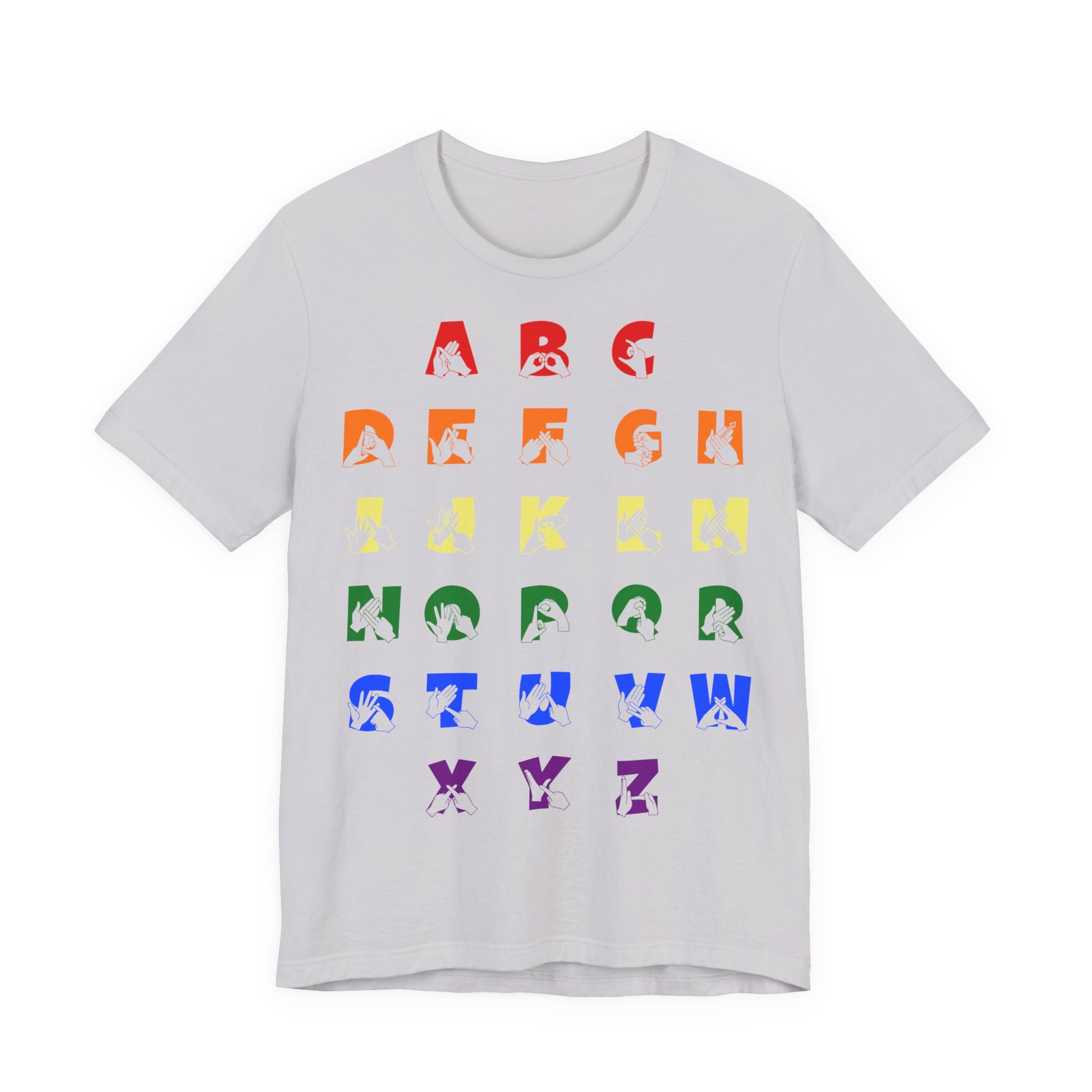Front view of a lavender dust t-shirt with BSL Alphabet - Pride Fingerspelling & Text