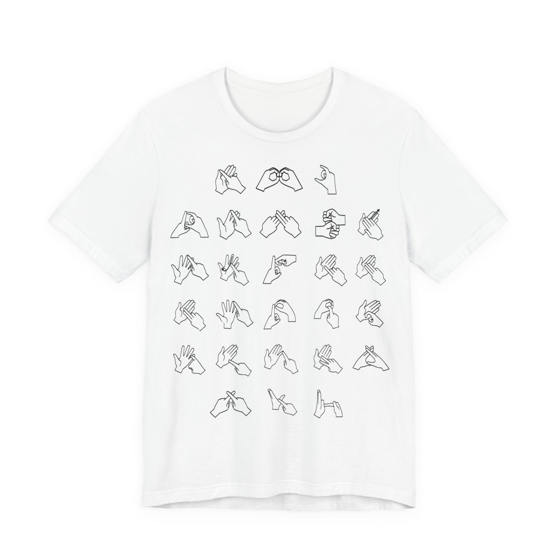 Front view of a white t-shirt with BSL Alphabet - Black Fingerspelling