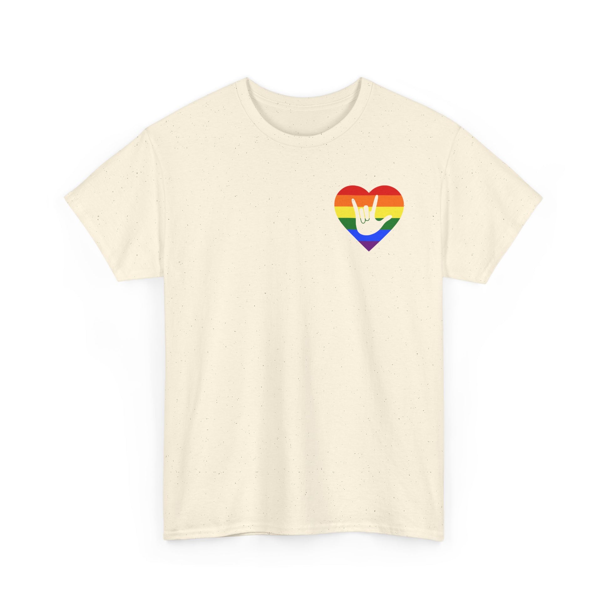 Front view of a natural T-Shirt showing a pride coloured heart and the iconic ASL I Love You sign embedded in it on the left side of the chest
