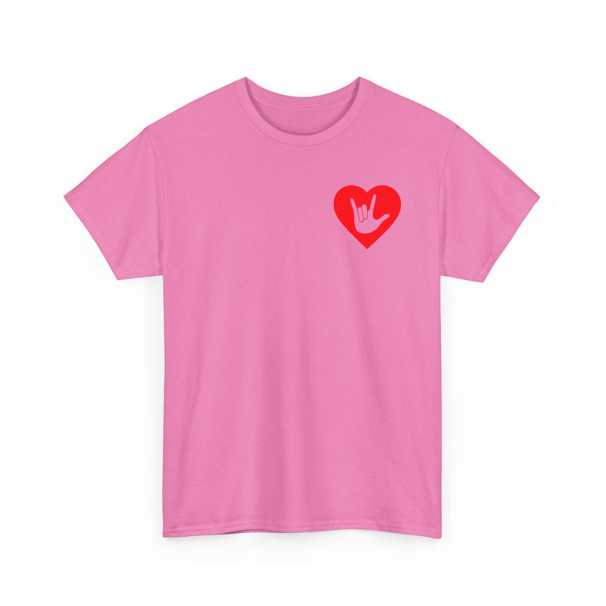 Front view of a azalea T-Shirt showing a red coloured heart and the iconic ASL I Love You sign embedded in it on the left side of the chest