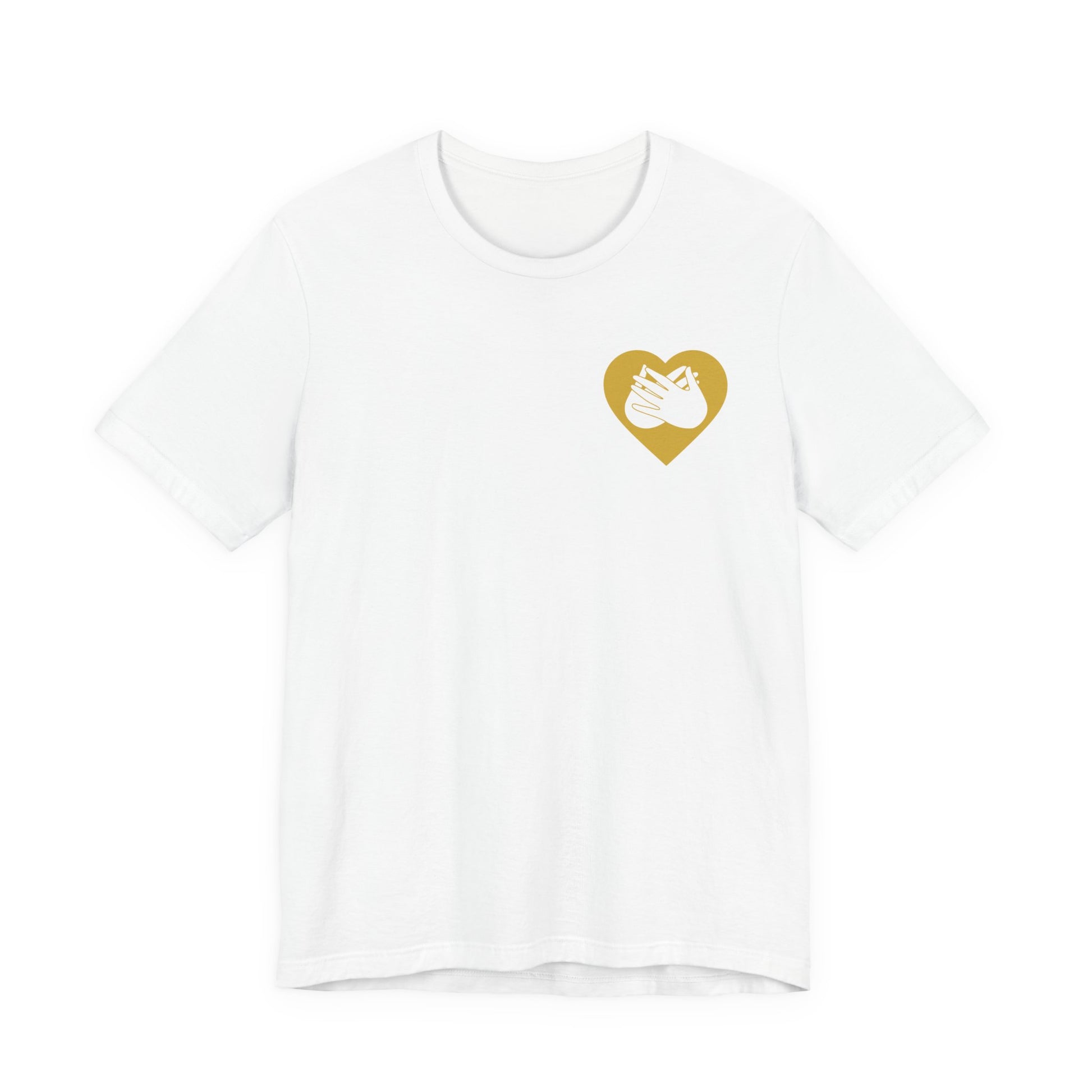 Front view of a white T-Shirt showing a gold coloured heart and the iconic BSL Love sign embedded in it on the left side of the chest