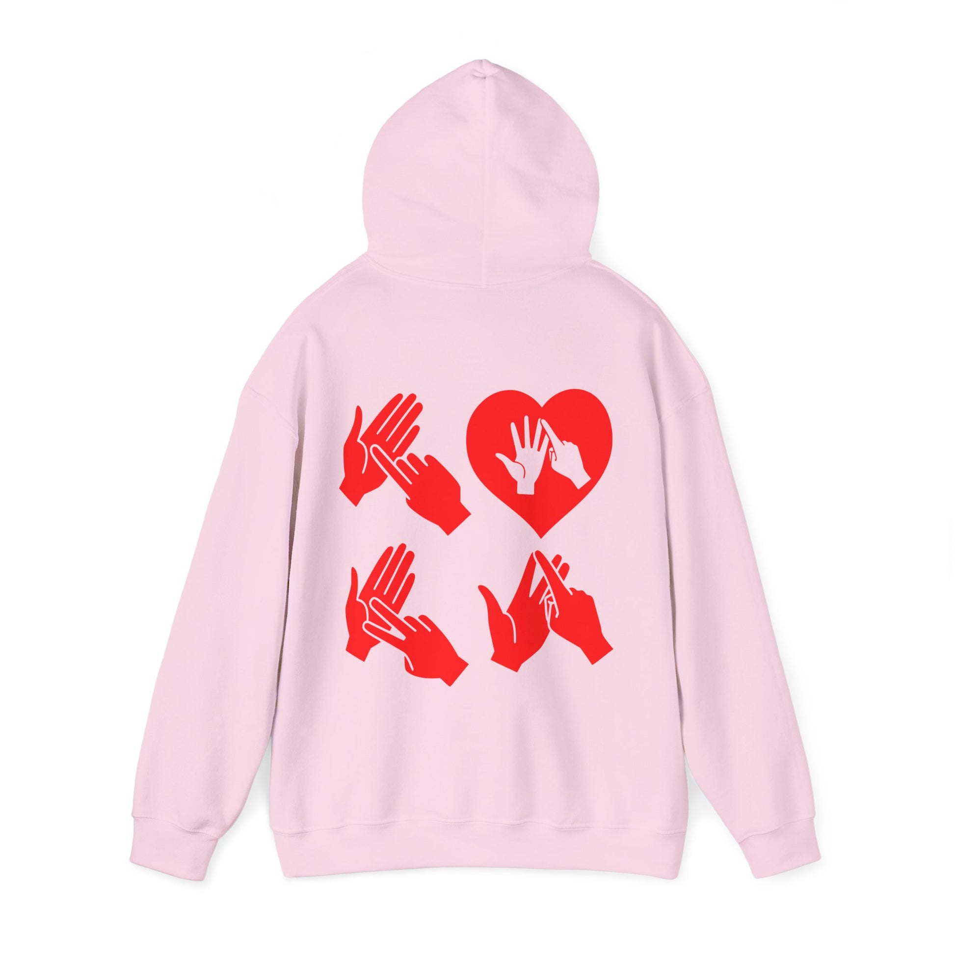 Back view of a light pink hoodie with the word Love in red BSL Fingerspelling with the 'O' embedded in a heart shape
