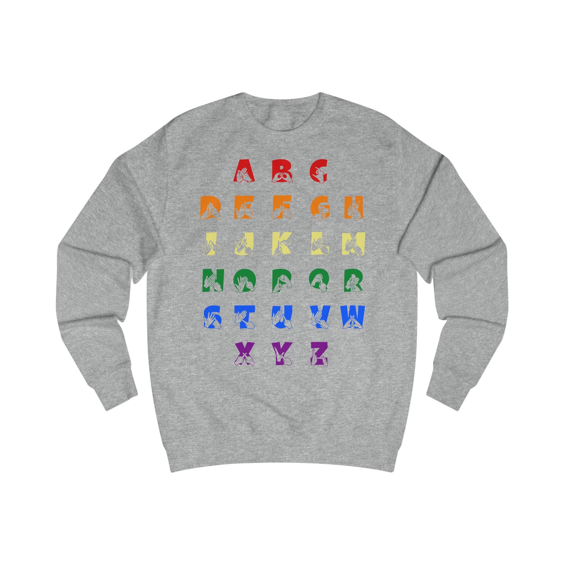 Front view of a heather grey sweatshirt with BSL Alphabet - Pride Fingerspelling & Text