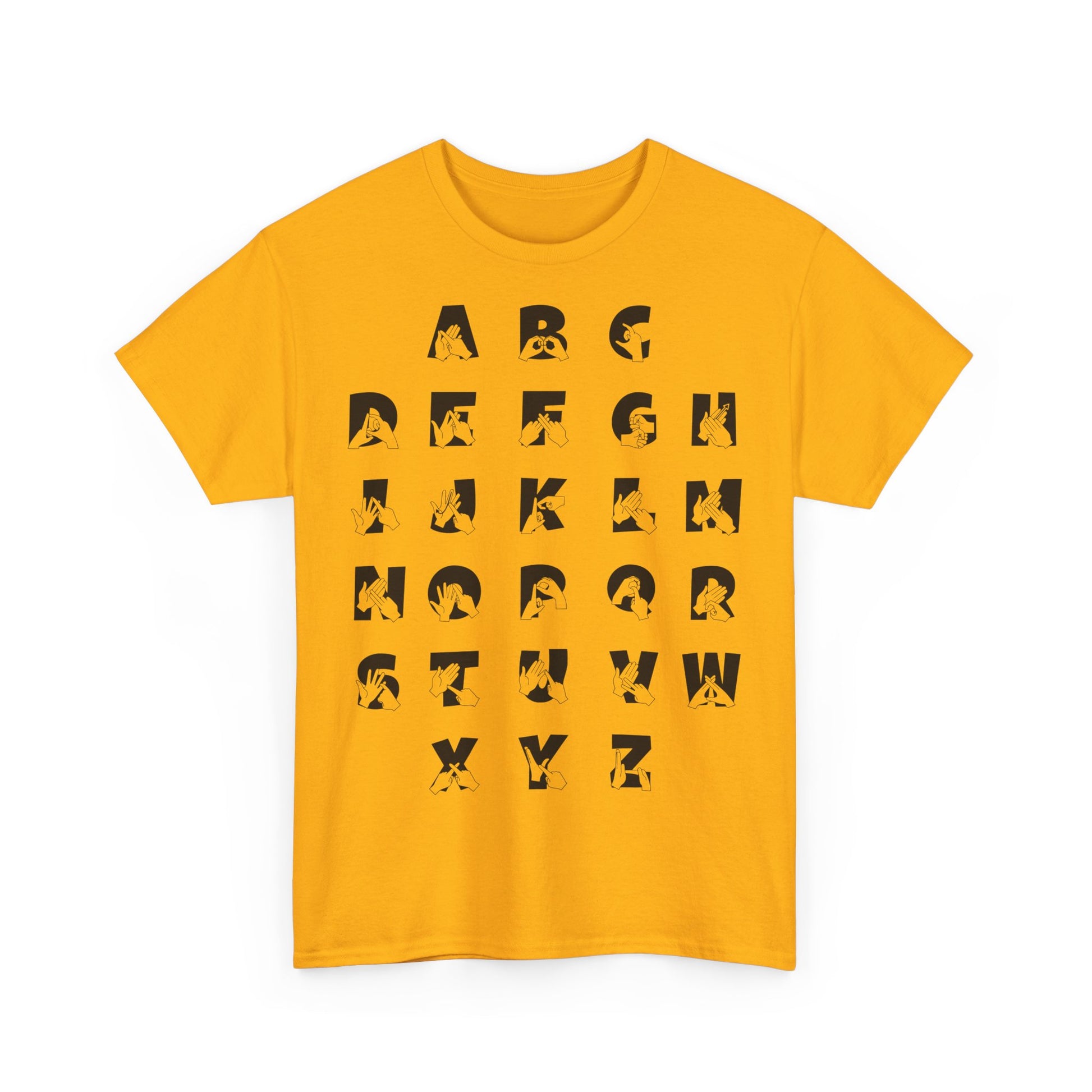 Front view of a orange t-shirt with BSL Alphabet - Black Fingerspelling