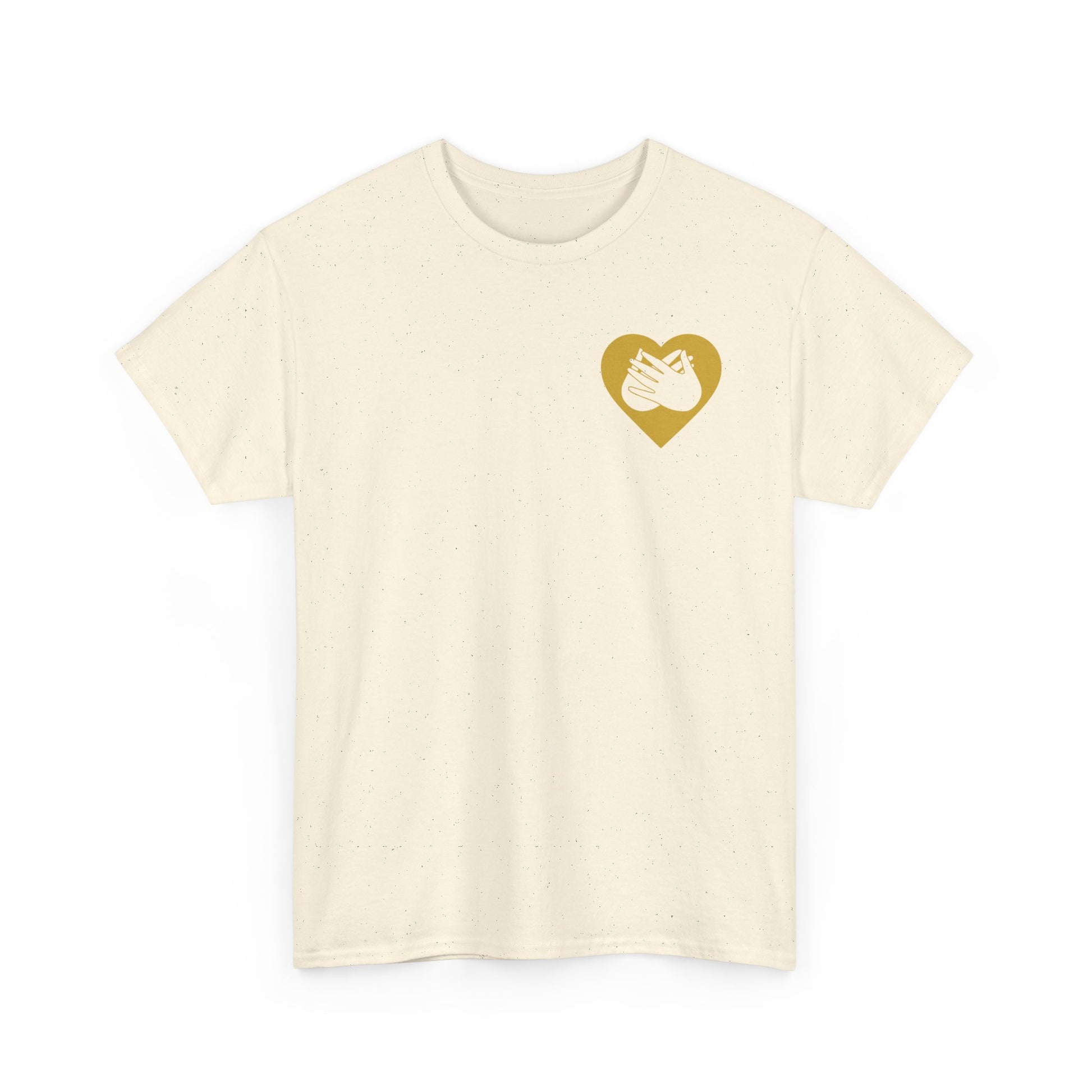 Front view of a natural T-Shirt showing a gold coloured heart and the iconic BSL Love sign embedded in it on the left side of the chest