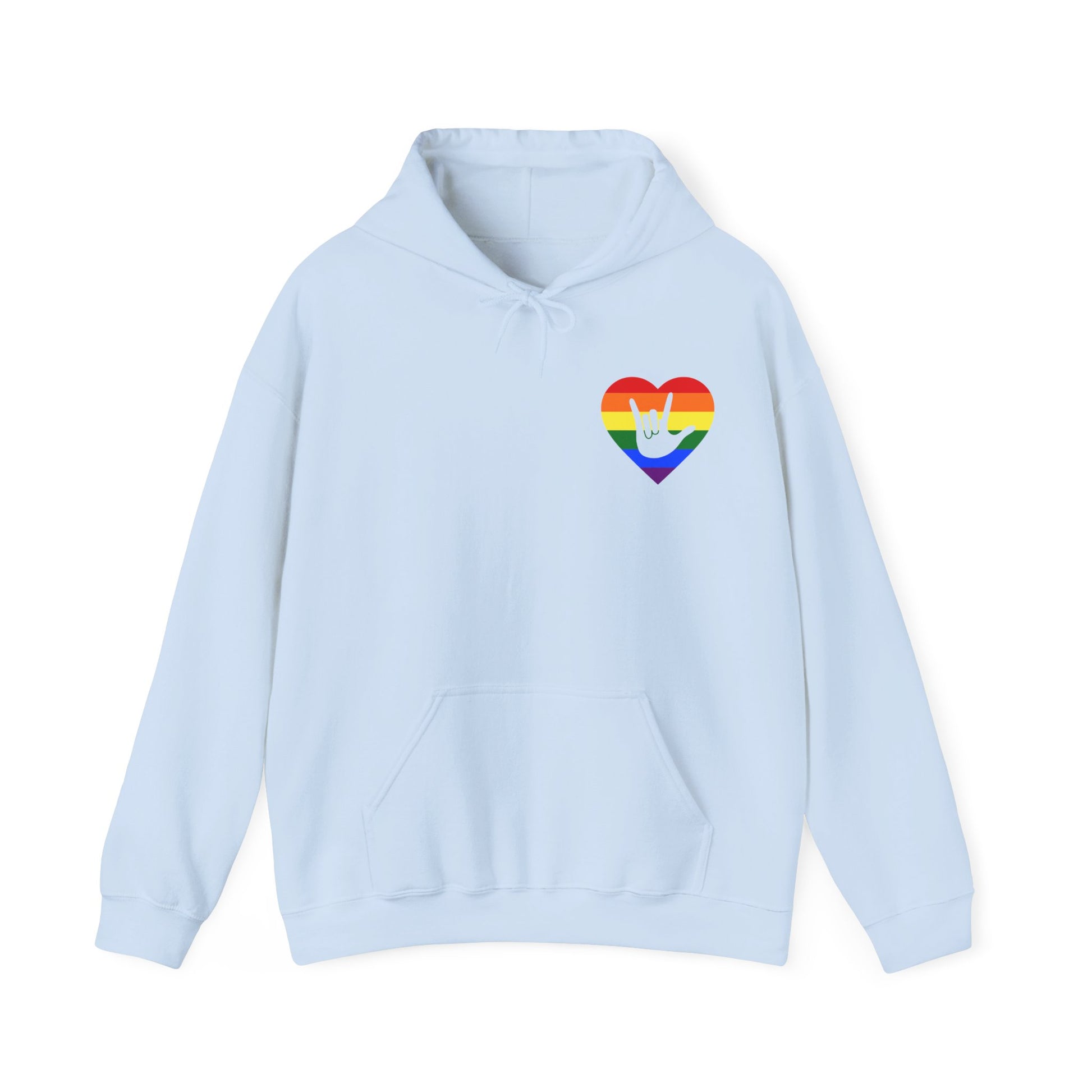 Front view of a light blue hoodie showing a pride coloured heart and the iconic ASL I Love You sign embedded in it on the left side of the chest