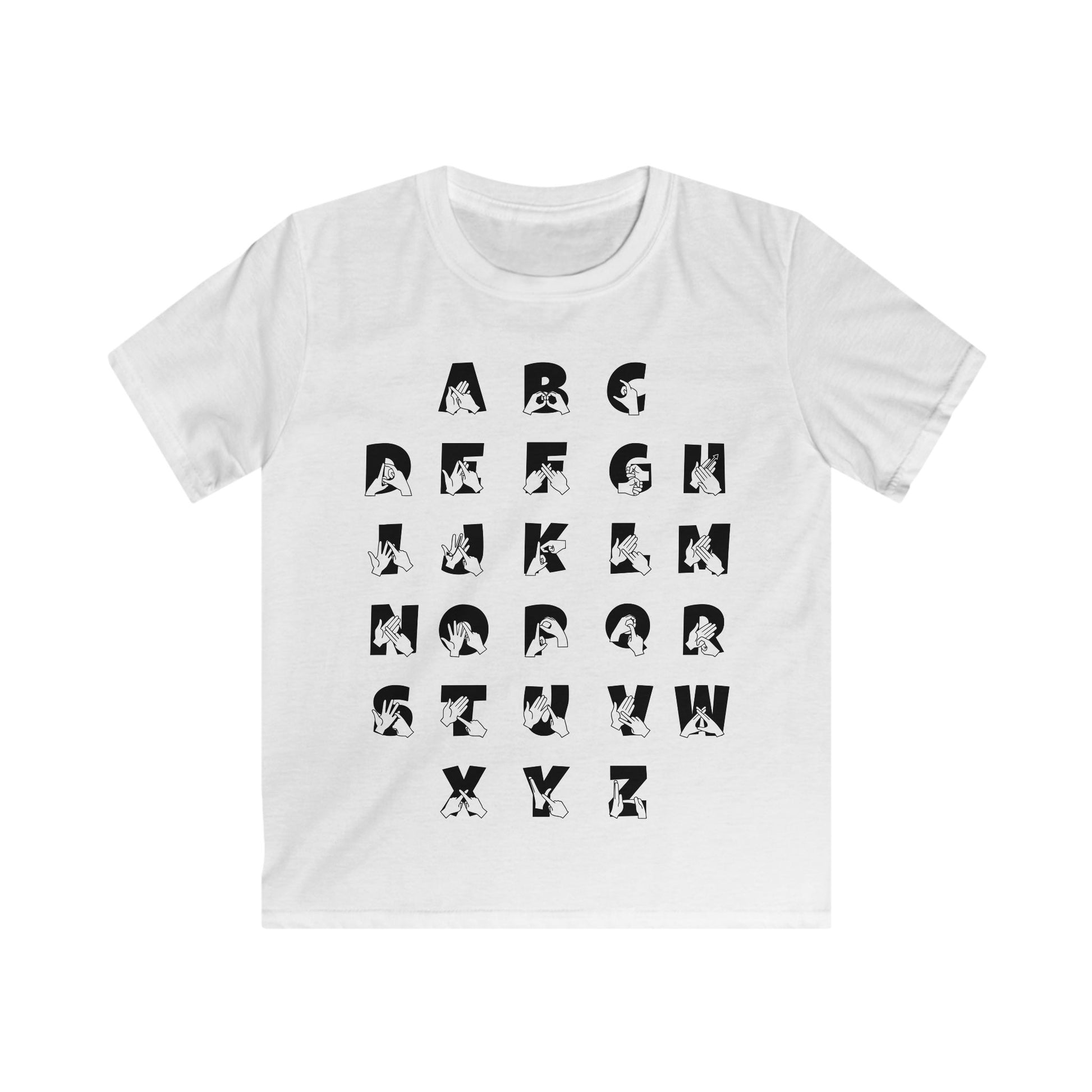Front view of a white t-shirt with BSL Alphabet - Black Fingerspelling & Text