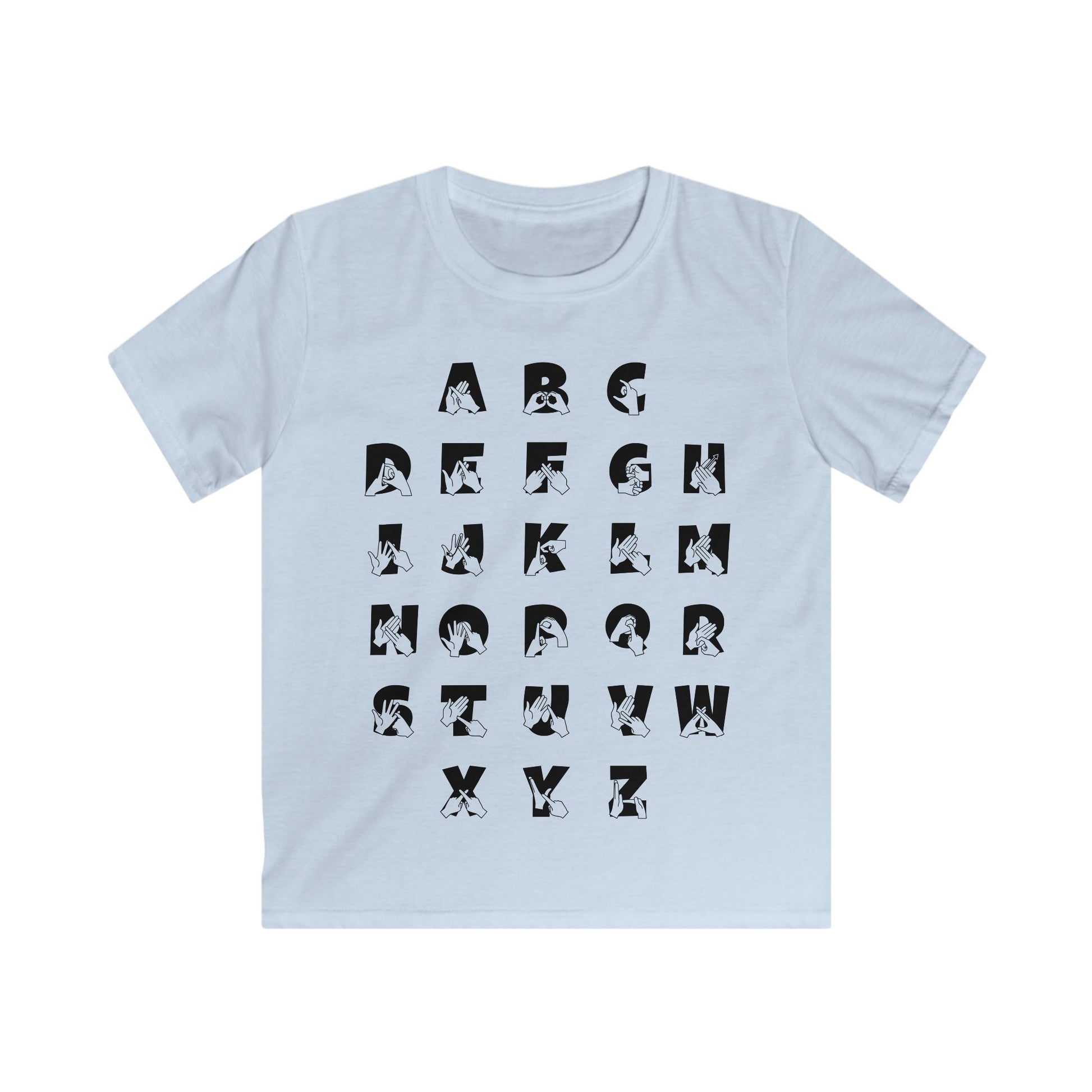 Front view of a light blue t-shirt with BSL Alphabet - Black Fingerspelling & Text