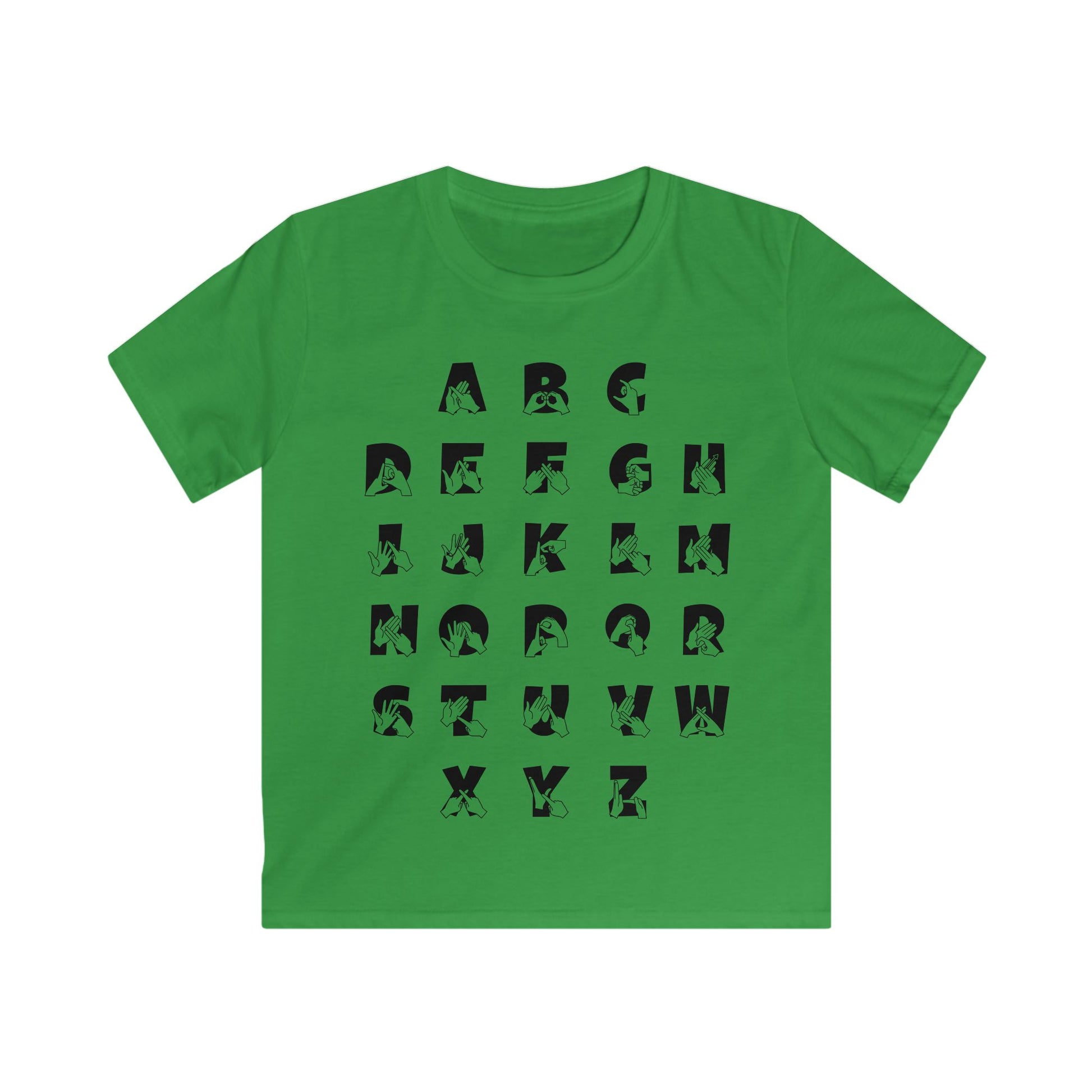 Front view of a Irish green t-shirt with BSL Alphabet - Black Fingerspelling & Text