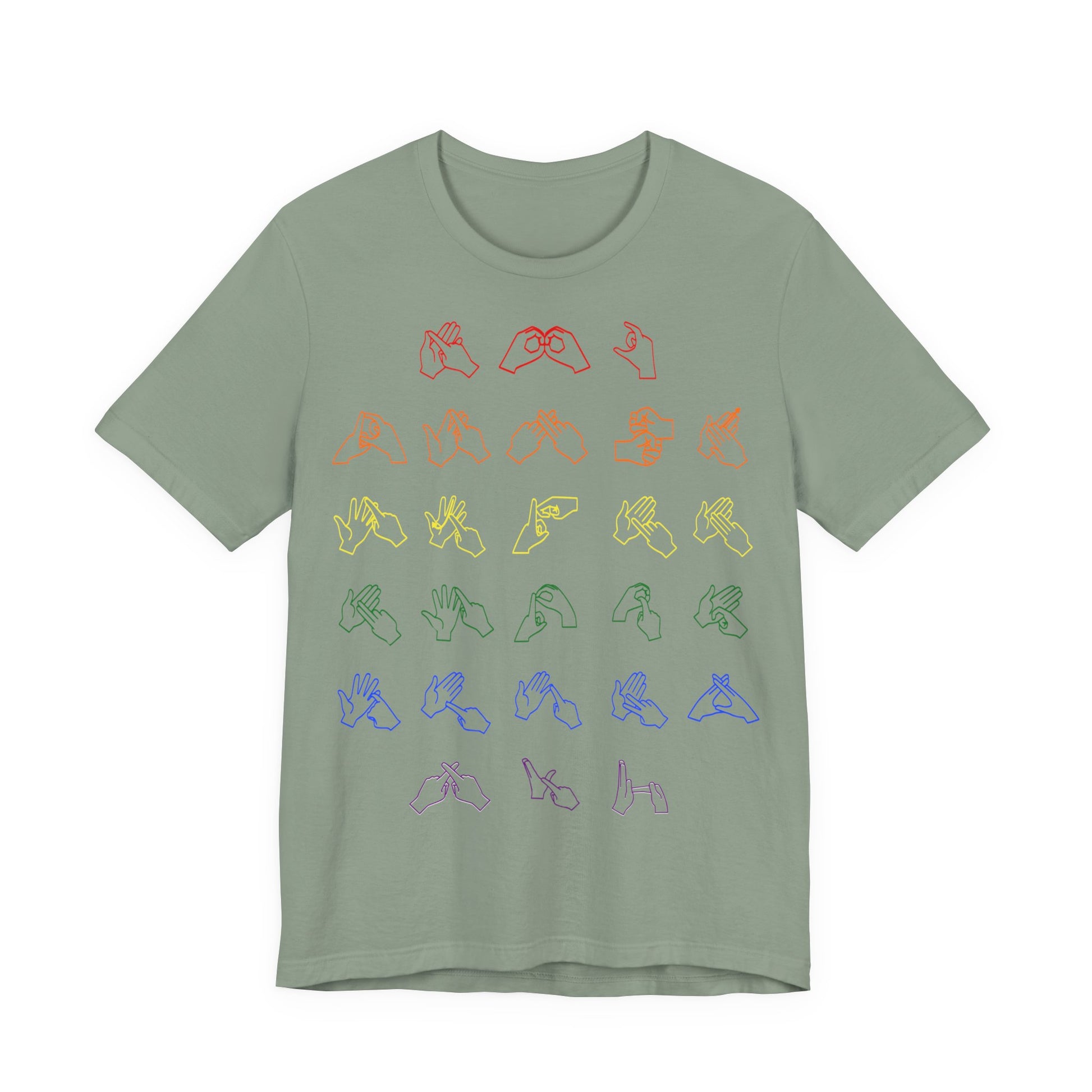 Front view of a sage t-shirt with BSL Alphabet - Pride Fingerspelling