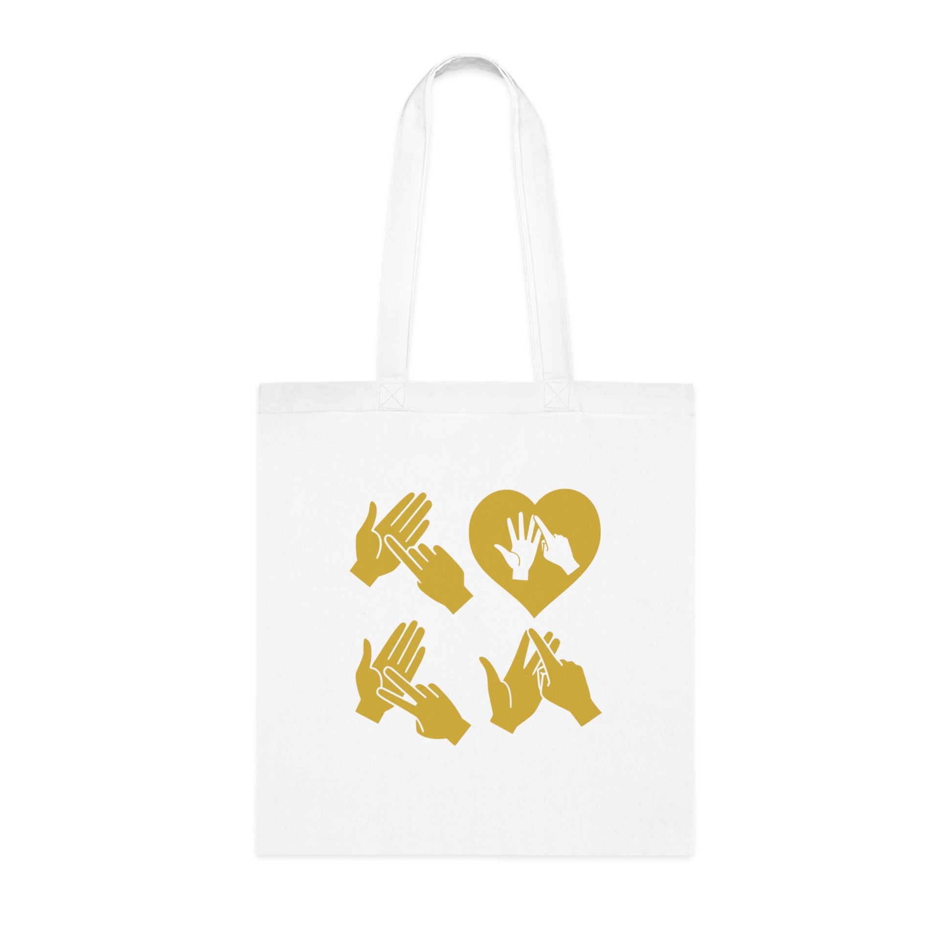 White Tote Bag with the word Love in gold BSL Fingerspelling with the 'O' embedded in a heart shape