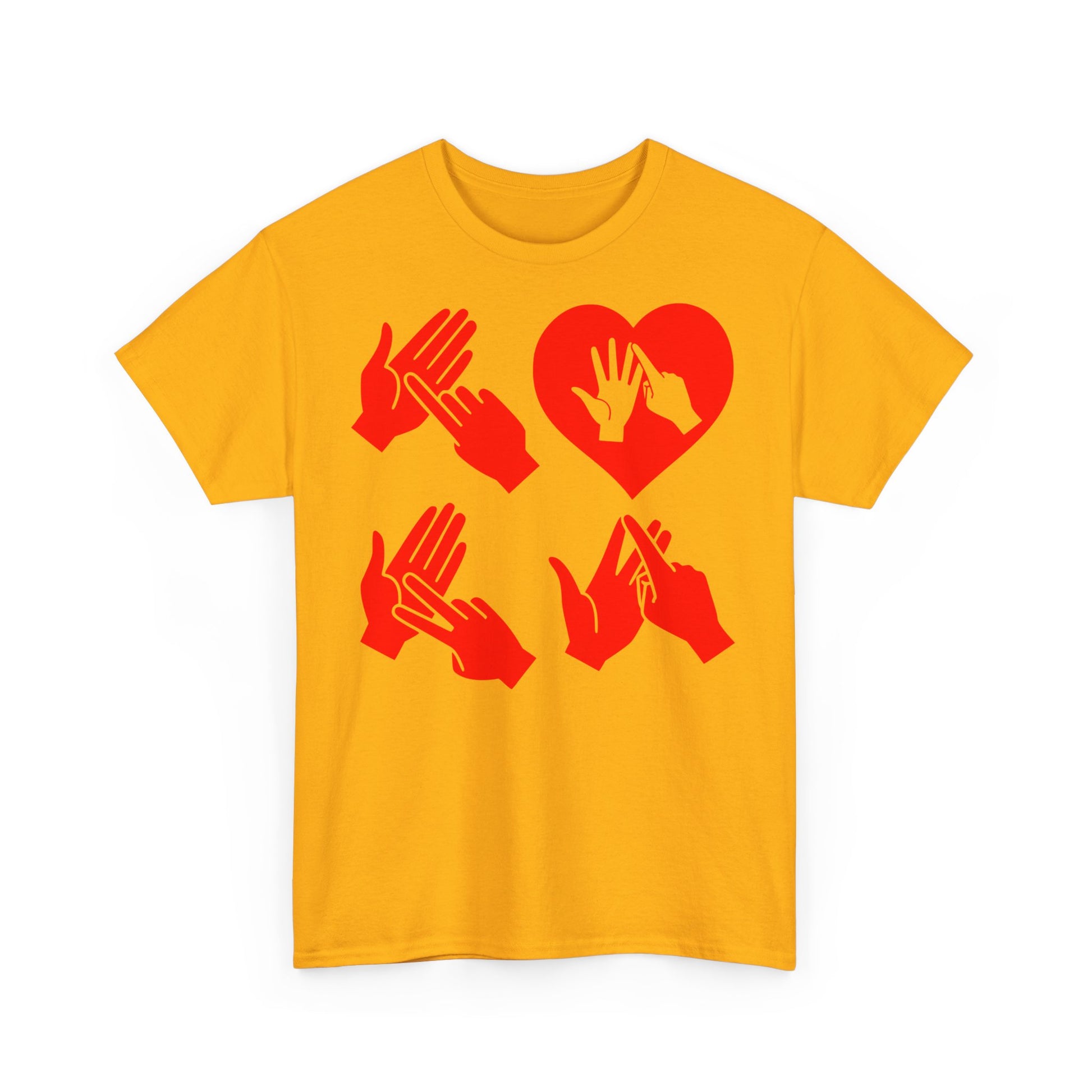 Front view of a gold T-Shirt with the word Love in red BSL Fingerspelling with the 'O' embedded in a heart shape