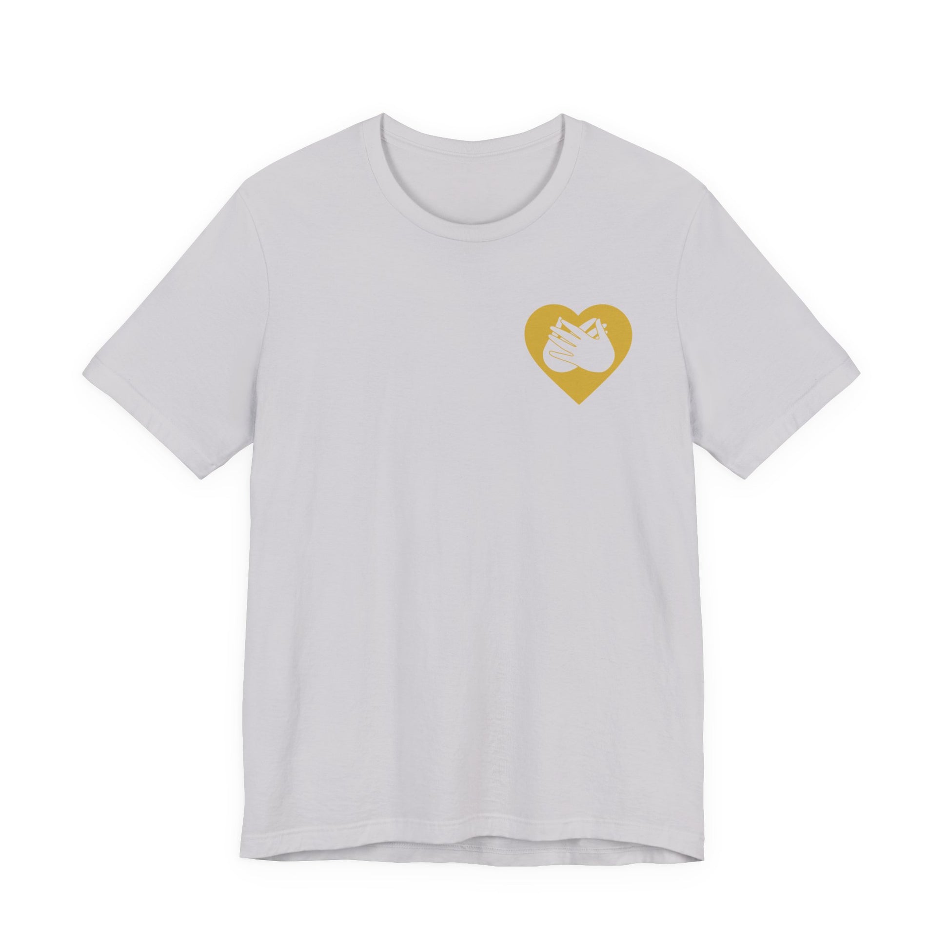 Front view of a lavender dust T-Shirt showing a gold coloured heart and the iconic BSL Love sign embedded in it on the left side of the chest