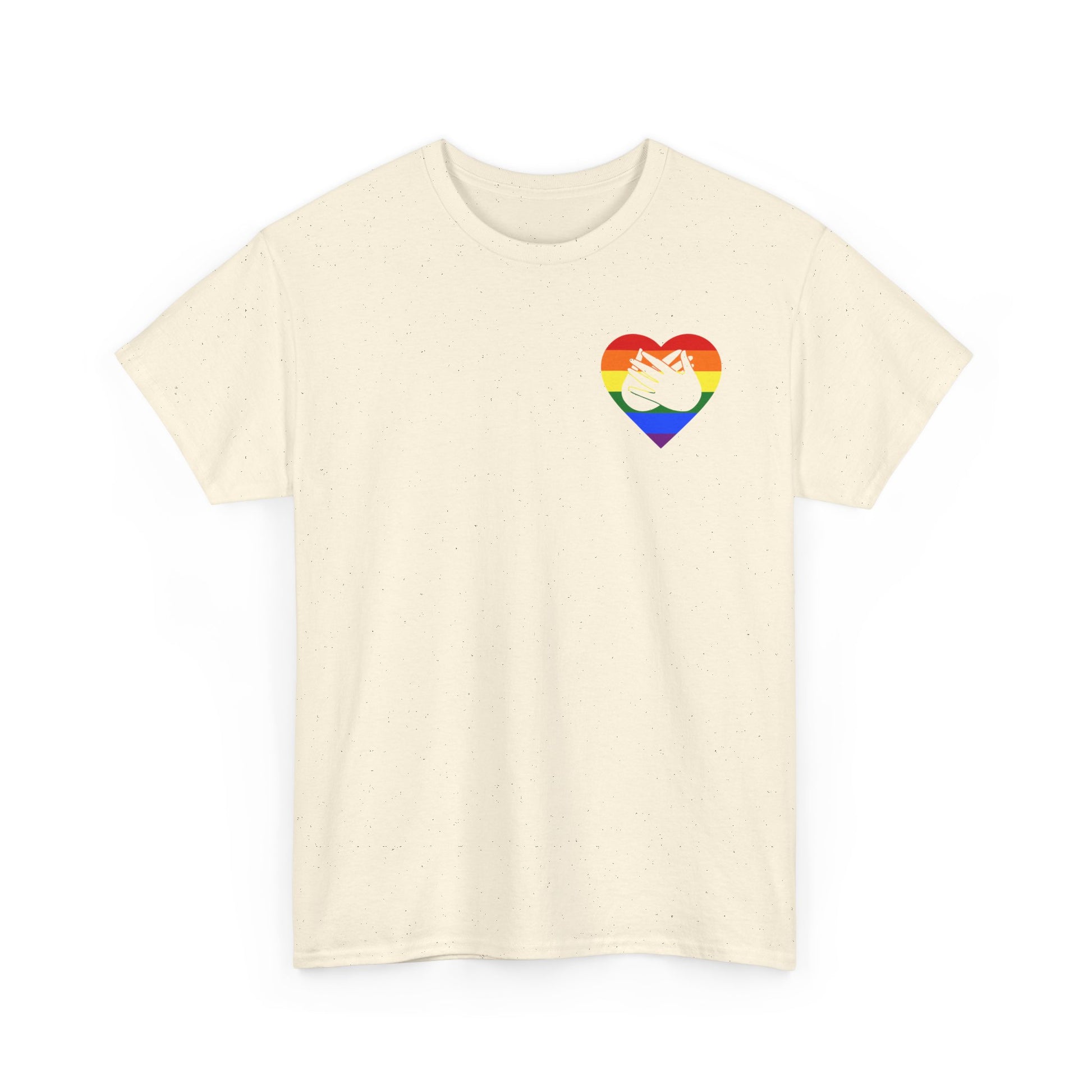 Front view of a natural T-Shirt showing a pride coloured heart and the iconic BSL Love sign embedded in it on the left side of the chest