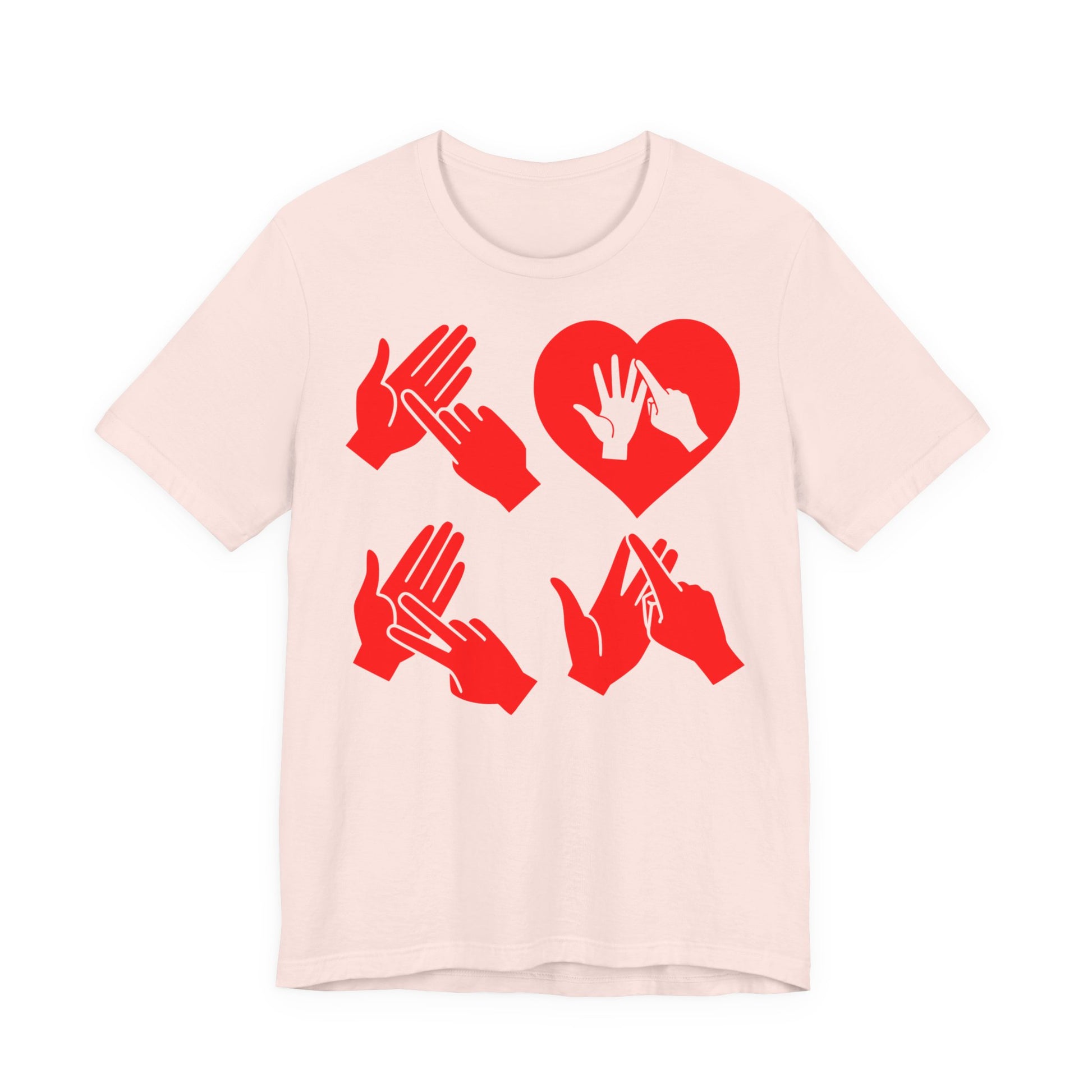 Front view of a soft pink T-Shirt with the word Love in red BSL Fingerspelling with the 'O' embedded in a heart shape