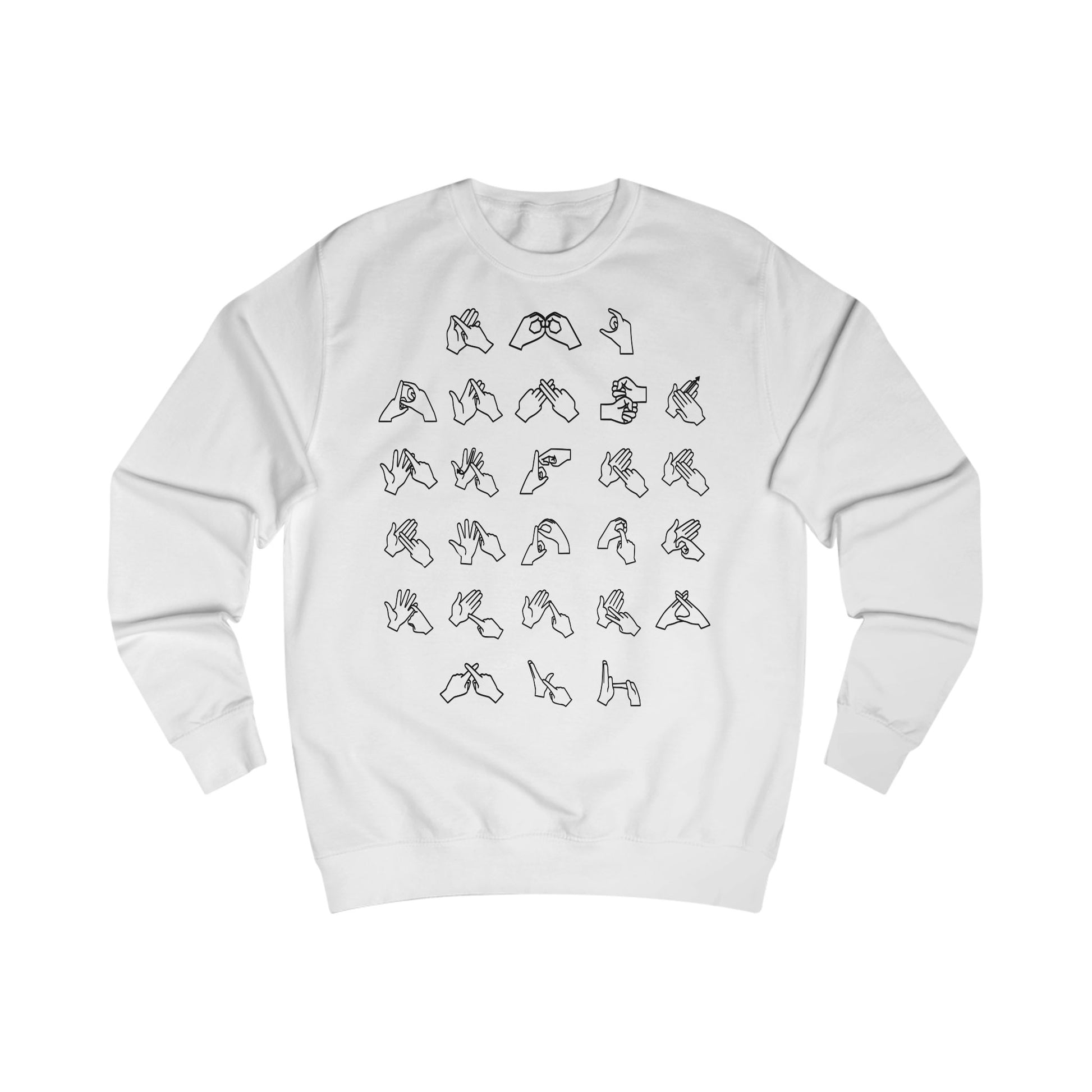 Front view of a arctic white sweatshirt with BSL Alphabet - Black Fingerspelling