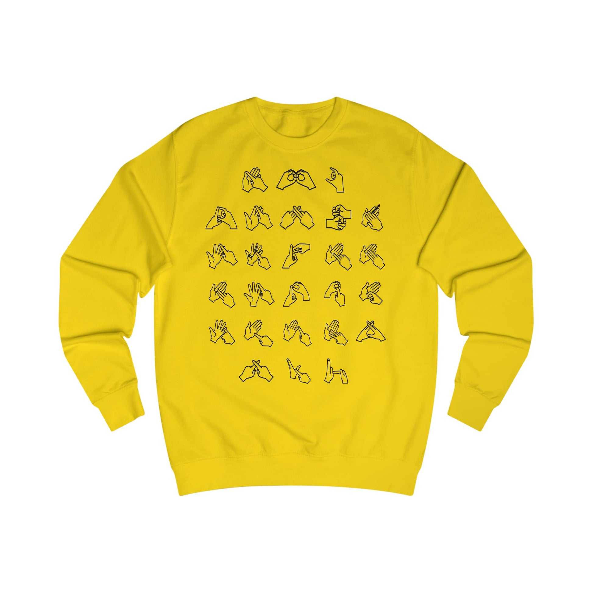 Front view of a sun yellow sweatshirt with BSL Alphabet - Black Fingerspelling
