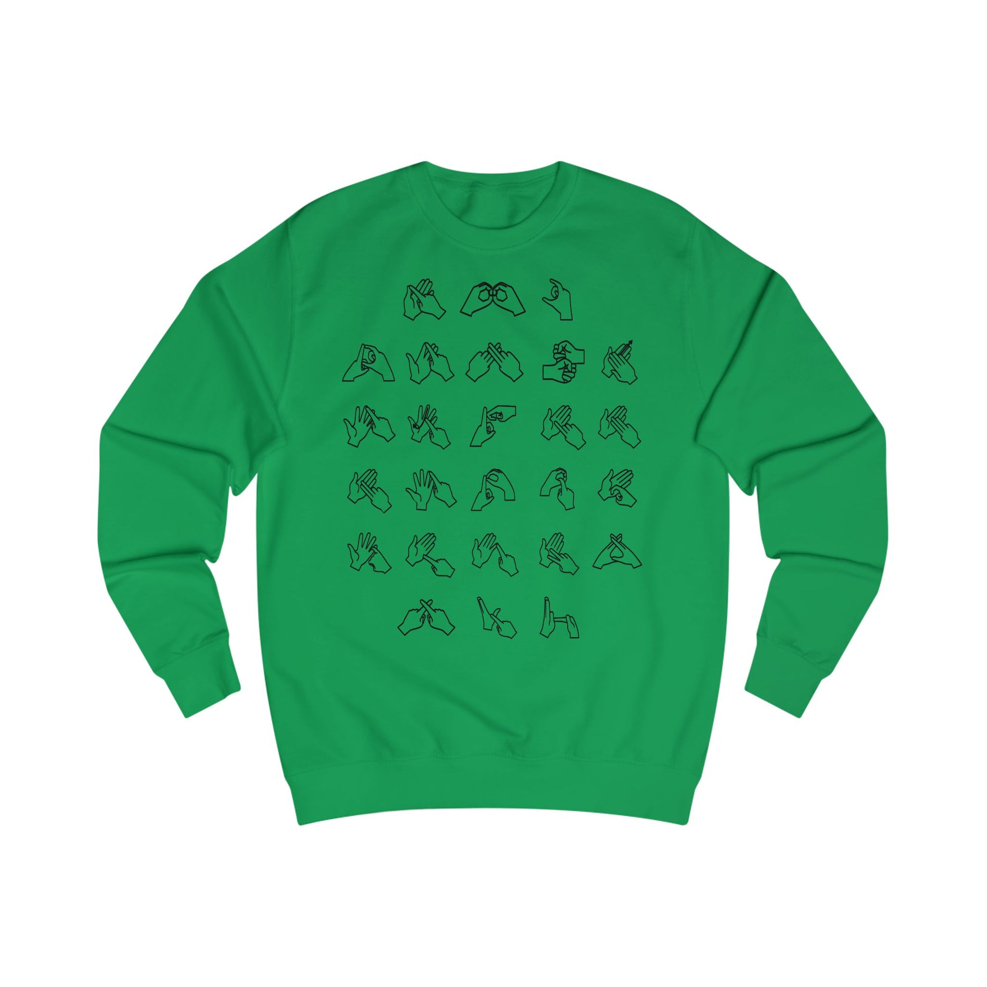 Front view of a kelly green sweatshirt with BSL Alphabet - Black Fingerspelling