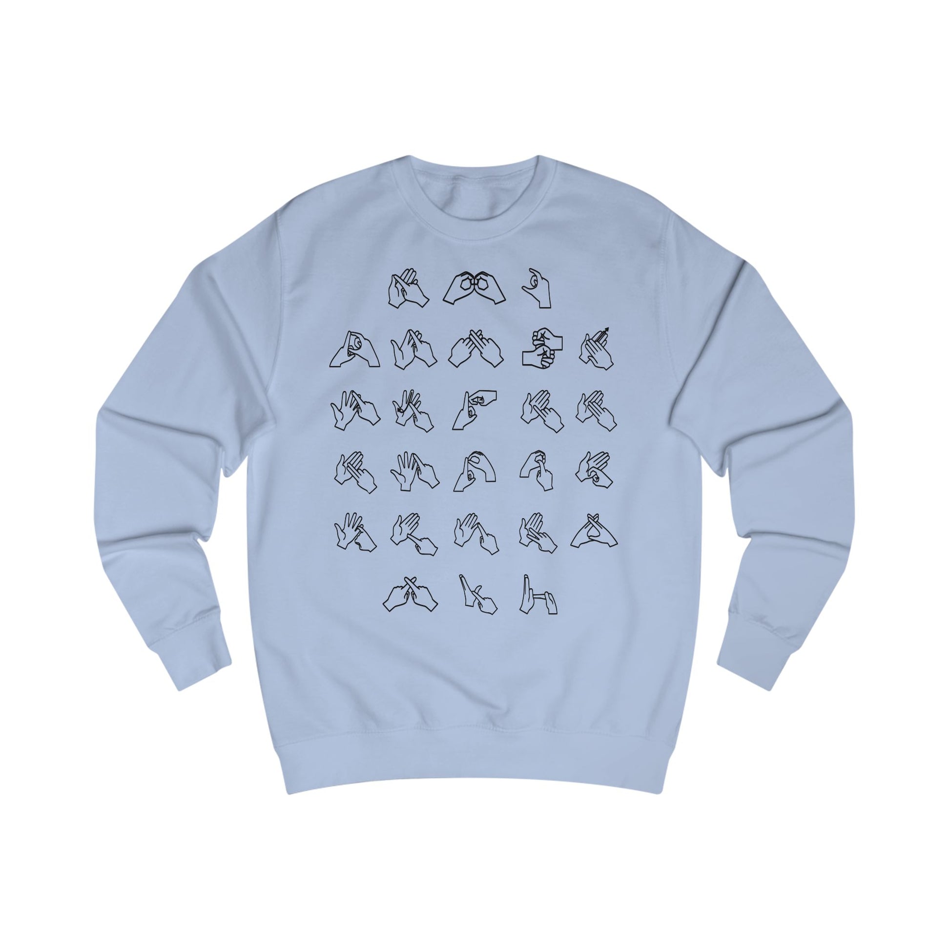 Front view of a sky blue sweatshirt with BSL Alphabet - Black Fingerspelling