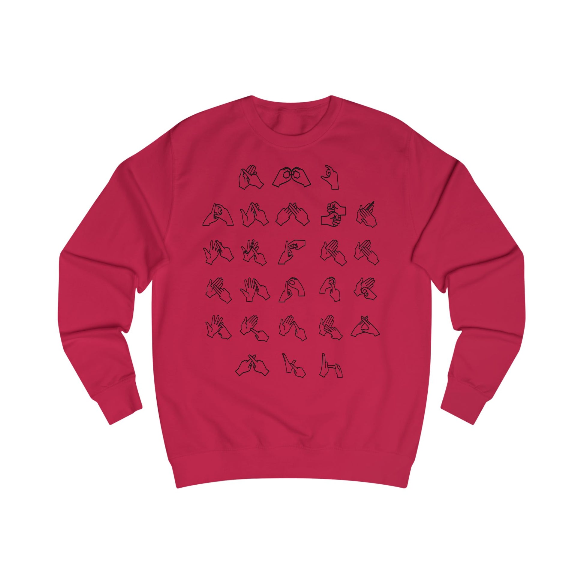 Front view of a fire red sweatshirt with BSL Alphabet - Black Fingerspelling