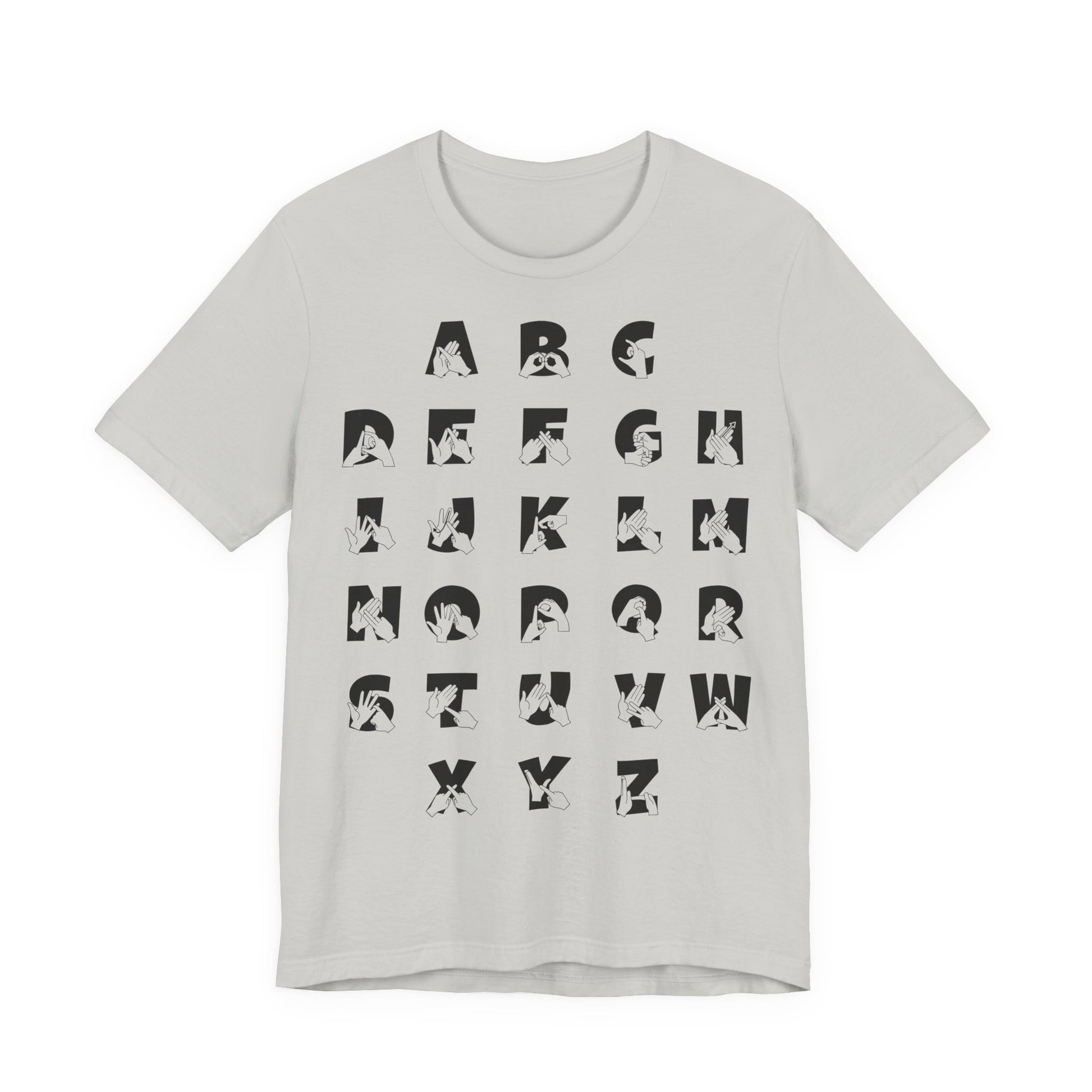 Front view of a silver t-shirt with BSL Alphabet - Black Fingerspelling & Text