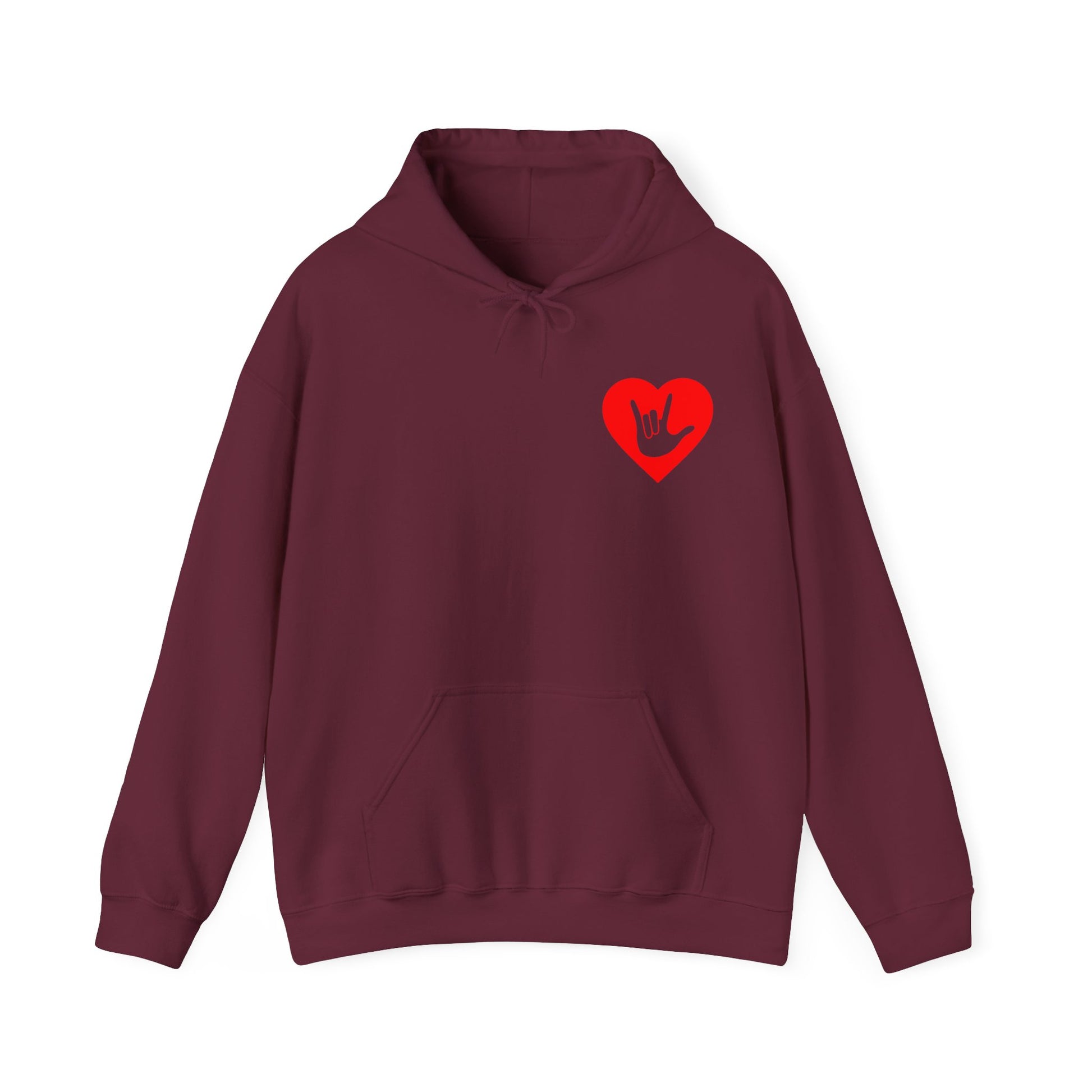 Front view of a maroon hoodie showing a red coloured heart and the iconic ASL I Love You sign embedded in it on the left side of the chest