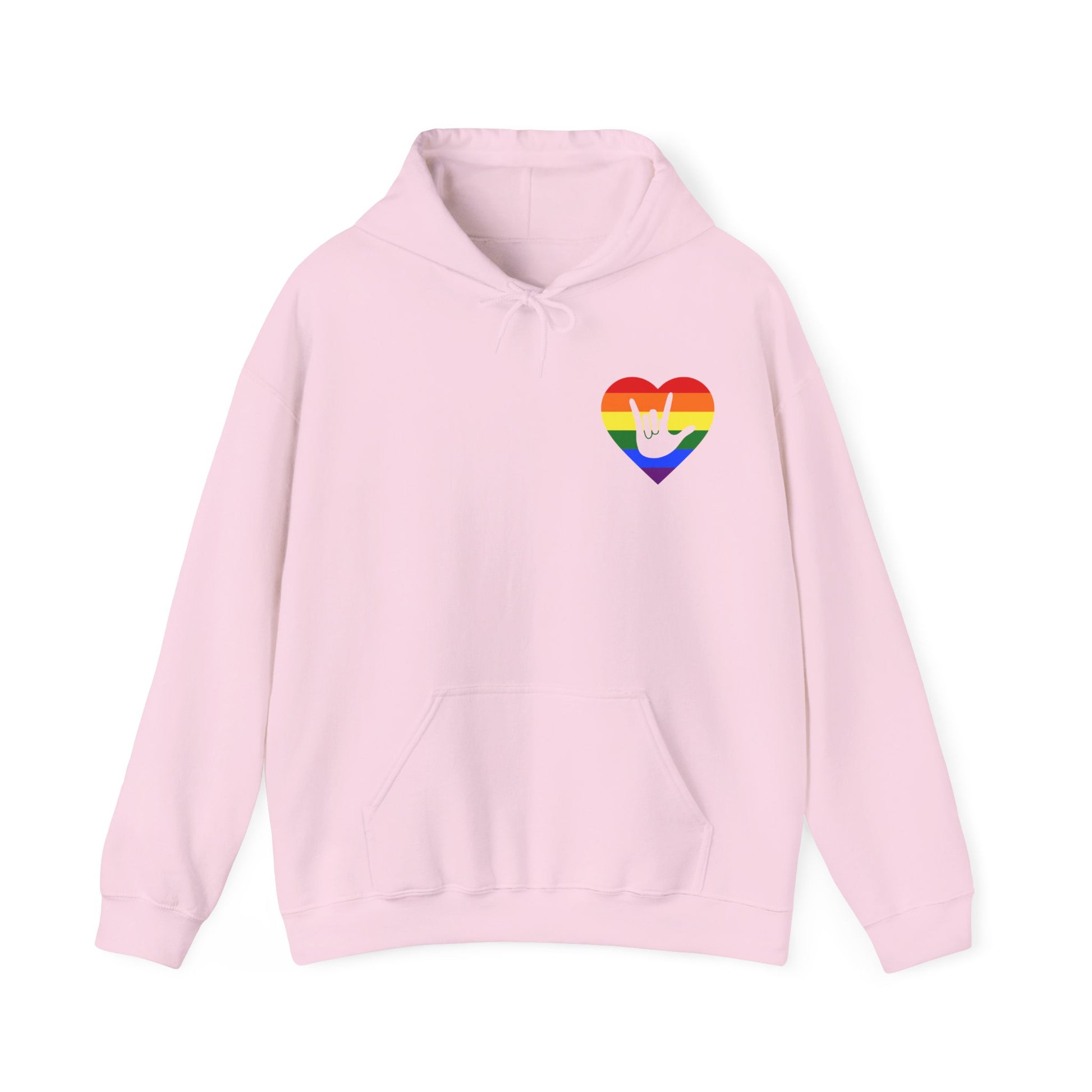 Front view of a light pink hoodie showing a pride coloured heart and the iconic ASL I Love You sign embedded in it on the left side of the chest