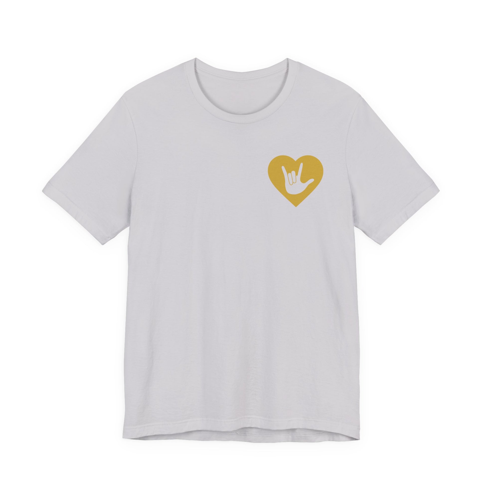 Front view of a lavender dust T-Shirt showing a gold coloured heart and the iconic ASL I Love You sign embedded in it on the left side of the chest