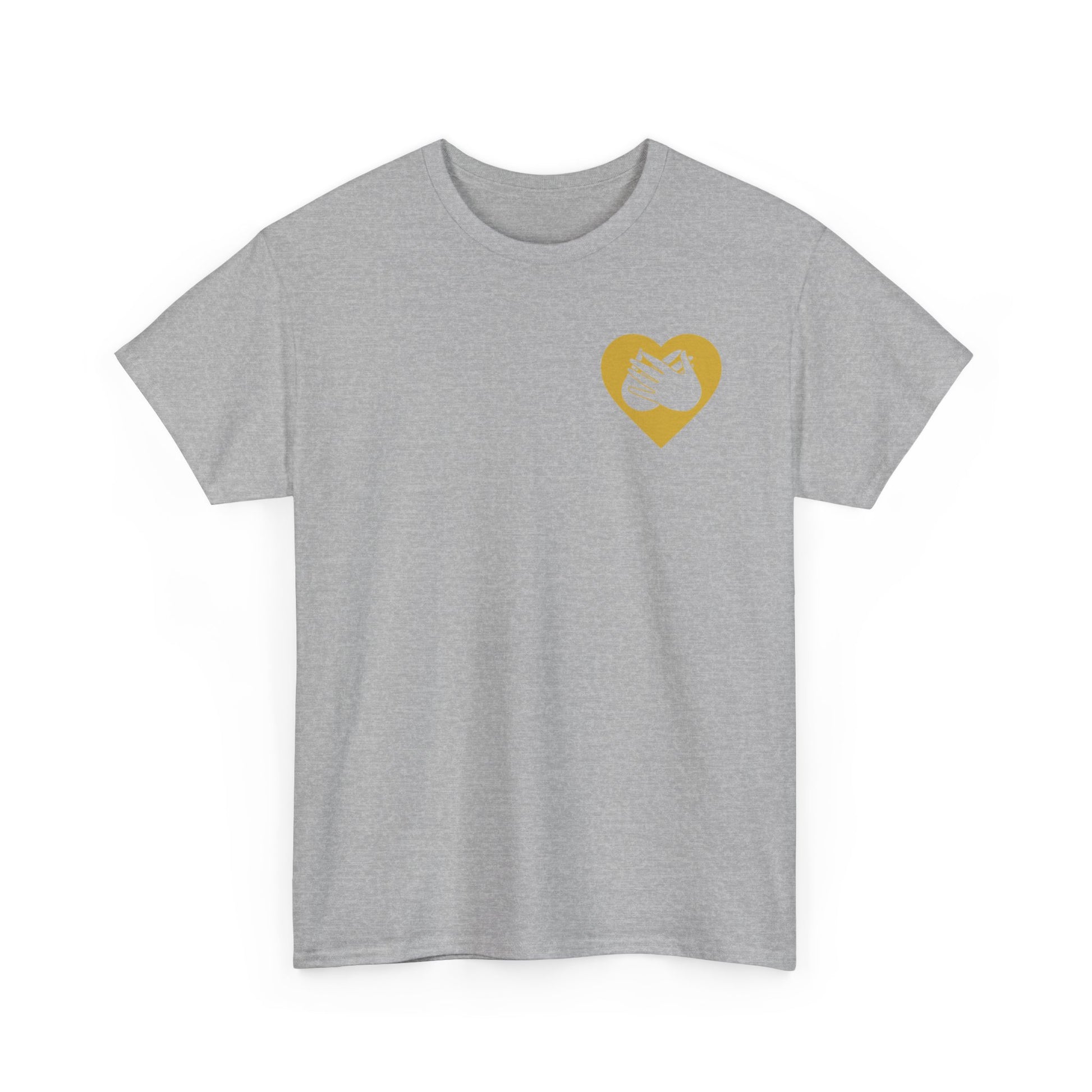 Front view of a sport grey T-Shirt showing a gold coloured heart and the iconic BSL Love sign embedded in it on the left side of the chest