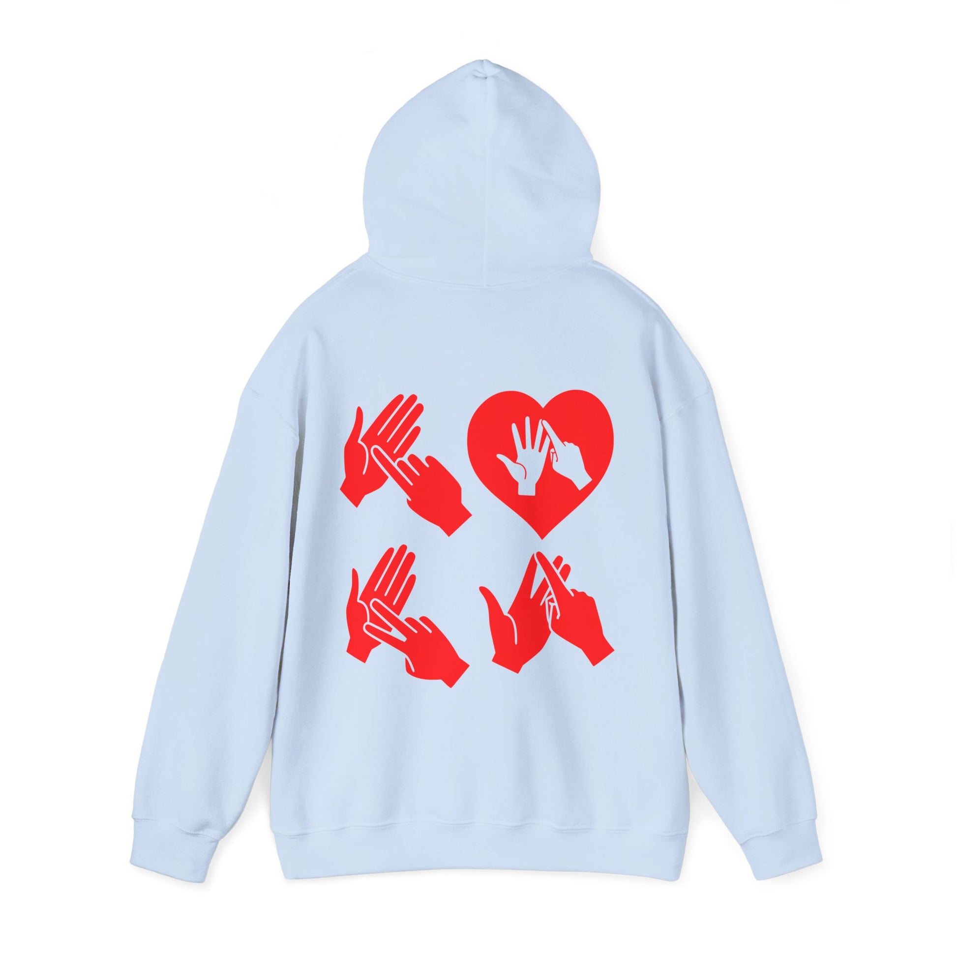 Back view of a light blue hoodie with the word Love in red BSL Fingerspelling with the 'O' embedded in a heart shape
